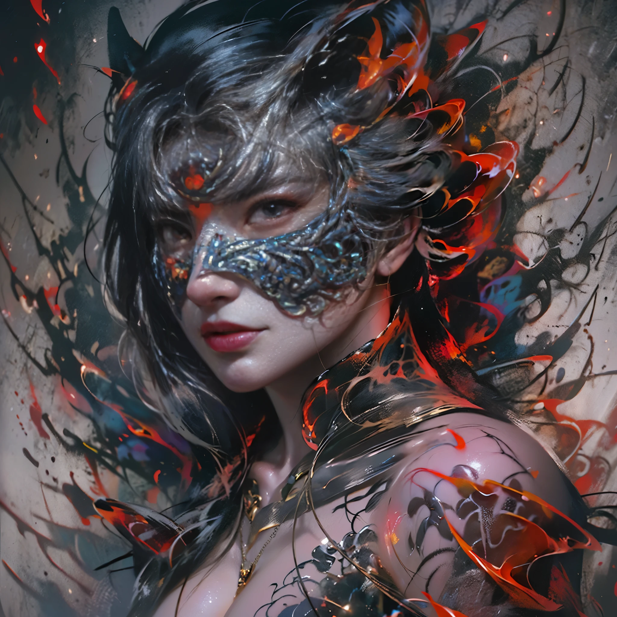 realism painting、masterpiece、(The ultimate painting of realism:1.4)、(Burningエッジ・炎のエフェクト), Sunrise City Building, (It&#39;s photorealistic: 1.4), 、A burning castle against the backdrop of the Arctic Aurora Borealis, 、Wear a black lace cloak、They have dynamic poses, as if dancing、Woman wearing a masquerade mask with a bright red wolf tattoo all over her body、Tattoo of a wolf covering the face,High resolution, (It&#39;s photorealistic: 1.4), Raw photo, , The wolf's nest is entangled all over the body, and、A bright red wolf tattoo covers the body,、High-end underwear with exposed skin can be seen through、ecstatic face, (eyes are black), small breasts, (Midi Hair), (cloud: 1. 5), Spiders spreading their legs, Large cobwebs, high contrast, Lurking in the darkness of the city, Shadow Area, strobe lighting) soft skin, clean skin, skin texture, (Depth of bounds written), background light, 35mm, Spiral afterimage, blur (Qianfang, Bright red wolf tattoo with intertwined wolf nests from the neck to the whole body、Woman in a Masquerade Ball、High-end underwear with exposed skin can be seen through、ecstatic face, A wolf nest made of white wolf threads swirled like a cocoon, Spiral White Spider Thread Tattoo, Woman in a Masquerade Ball、Bright red wolf tattoo body with wolf nests intertwined all over the body,Tattoo of a wolf covering the face, Wearing a black lace cloak and mask、It has a dynamic pose、Against the backdrop of a burning castle, The castle seems to have collapsed、Burning.: Point line light source, A world of ice far-off