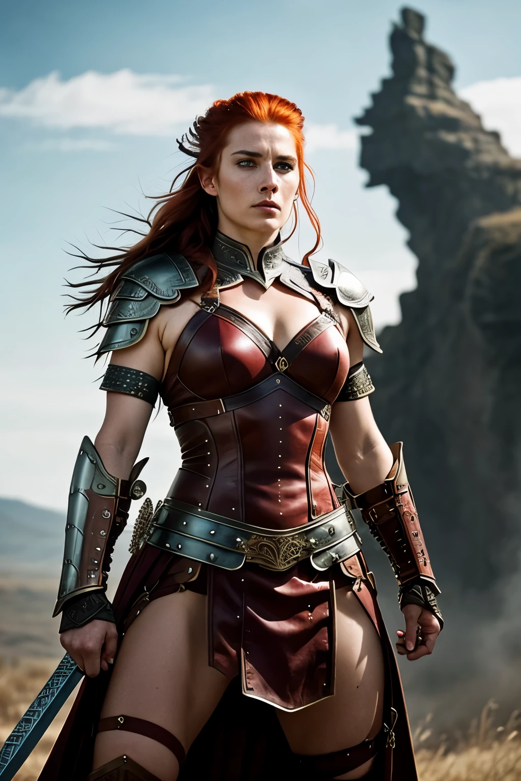Masterpiece, a fiery-haired Celtic warrior, ((Red Sonja:Boudicca:0.5)), stands resolutely, her fiery locks billowing in the wind as she prepares for battle. Her proud face is marked by bold features, high-definition cheekbones, and a strong jawline. Her piercing blue eyes radiate determination and courage. She wears armor crafted from intricately braided leather and metal, accentuating her strength, agility, and warrior spirit. With an iron grip on her sword, she stands ready to bravely face any foe that stands in her path. This stunning image was captured using a top-tier camera, such as