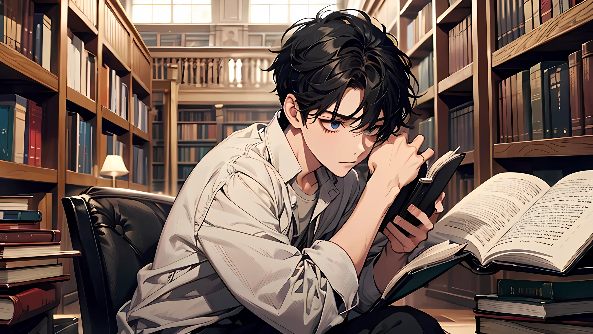 Boy sitting on the floor reading a book, reading in library, In a library，Between bookshelves, perfect face, perfect body, black hair
