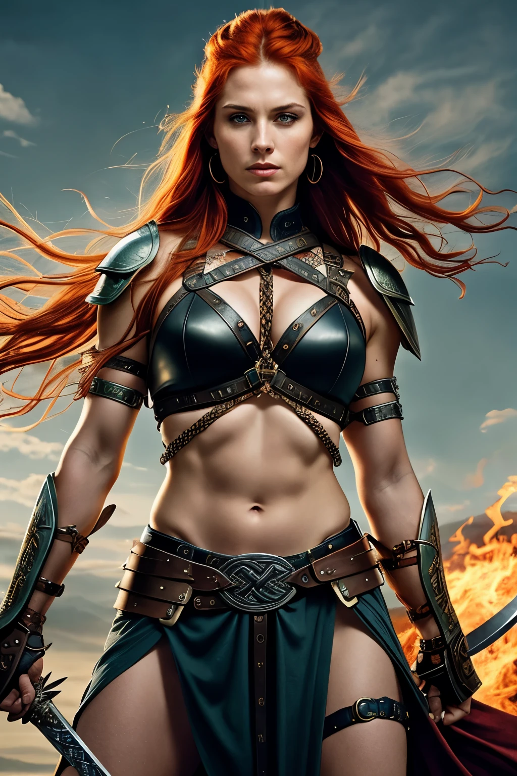 Masterpiece, a fiery-haired Celtic warrior, ((Red Sonja:Boudicca:0.5)), stands resolutely, her fiery locks billowing in the wind as she prepares for battle. Her proud face is marked by bold features, high-definition cheekbones, and a strong jawline. Her piercing blue eyes radiate determination and courage. She wears armor crafted from intricately braided leather and metal, accentuating her strength, agility, and warrior spirit. With an iron grip on her sword, she stands ready to bravely face any foe that stands in her path. This stunning image was captured using a top-tier camera, such as