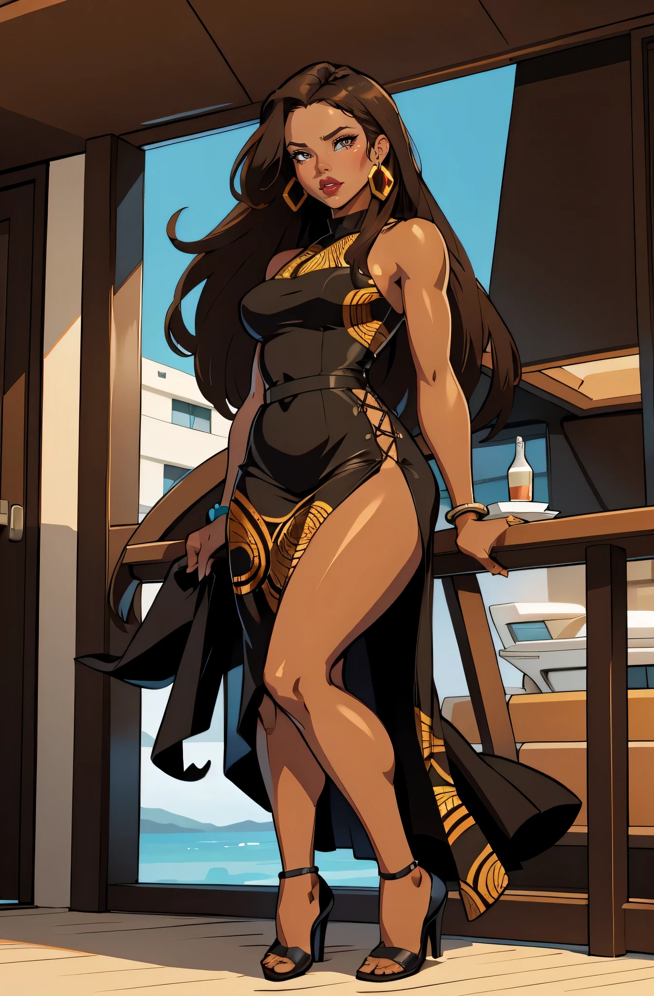 on a sunseeker boat (a 35 year old woman) brown skin, solo, 1 girl, portrait, african long hair, super detailed, modern style, direct look, full body wearing black dress