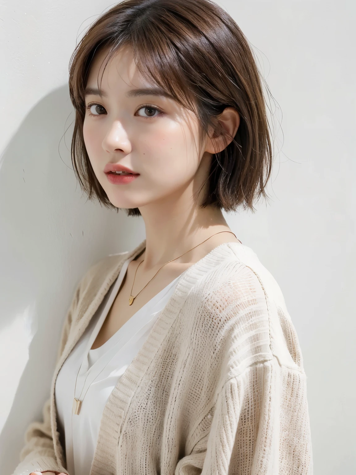 ((highest quality, 8K, masterpiece :1.3)), 1 girl, (bob hair、short hair,Taken in front of a white wall :1.2)、Shot in natural light、pastel cardigan :1.1, Angle from above、super detailed face, fine eyes,(Highly realistic photos, High resolution, detailed face, fine eyes)、japanese woman, 35 years old, Variety of facial expressions, alone:1, different hairstyles, casual clothes, Only one person appears in the photo、long sleeve dress、Shot in natural light、simple necklace、Spring clothes、Don't look at the camera、profile、Dark brown hair color