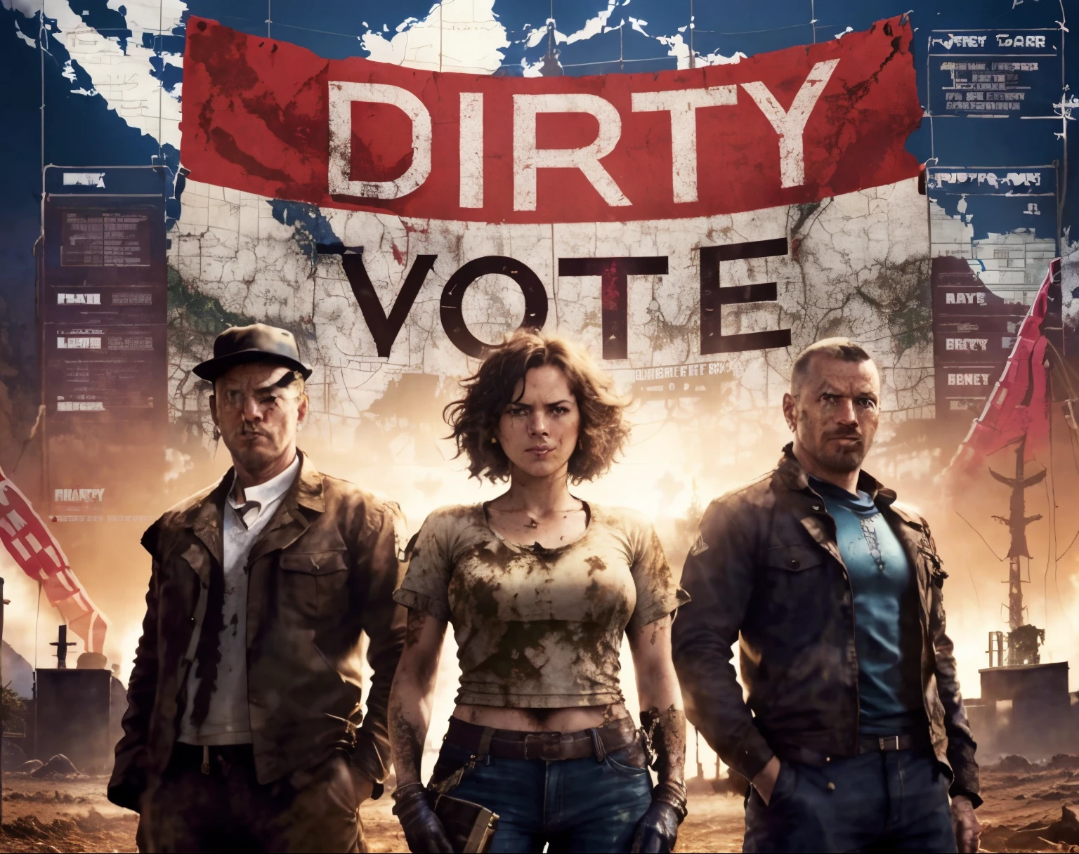 arafy vote poster with three people standing in front of a map, dirty, front cover of a new video game, promo art, filthy, album art, delete, dirty skin, official artwork, by Anna Katharina Block, digitally remastered, box art, key art, dirty water, profile picture, dirtyrobot, dirty ground, 🕹️ 😎 🚬