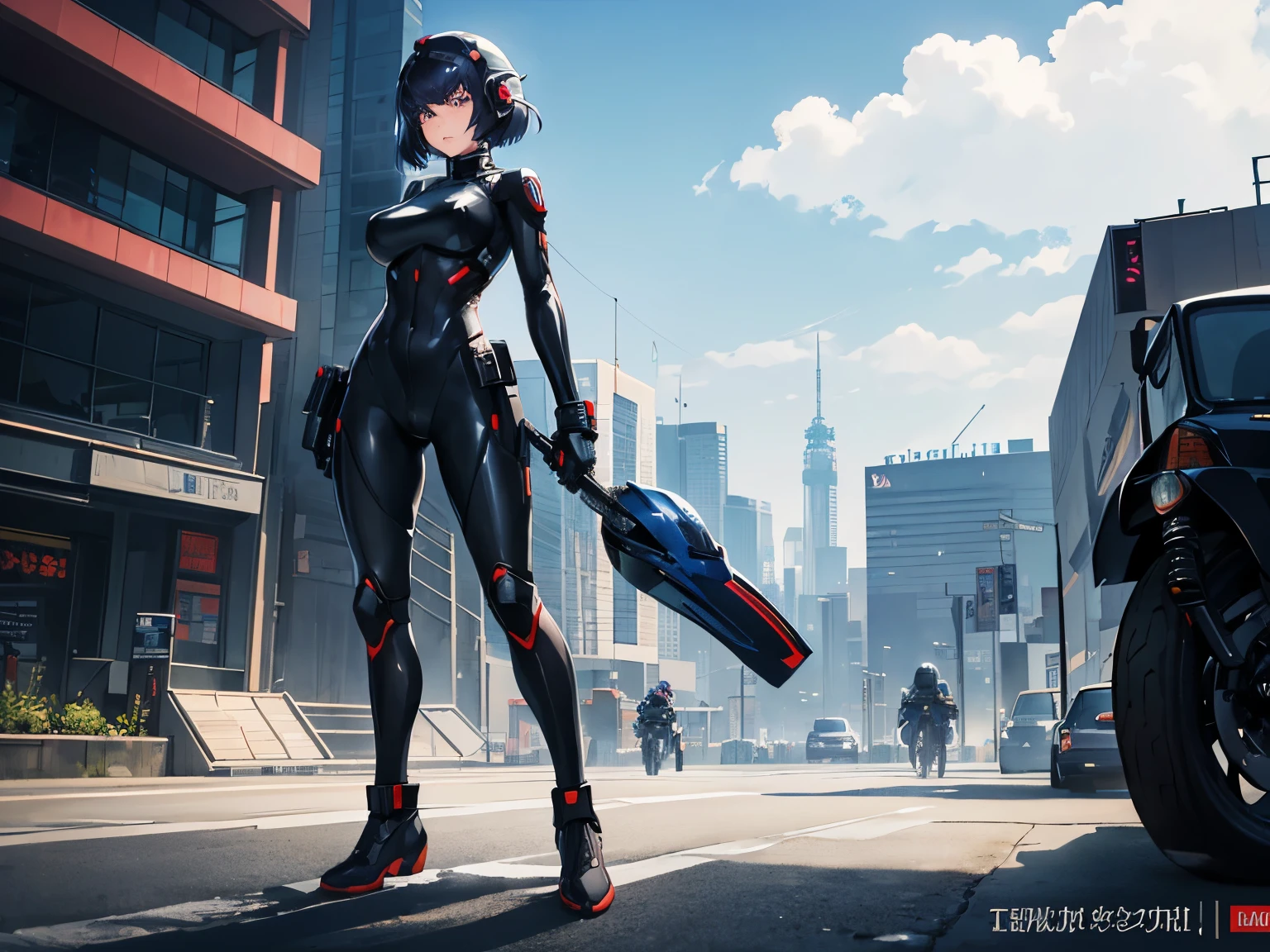 Best quality, 8k, Masterpiece, Hollywood movie style watercolor:1.3, (1 girl, very cute girl,) upper body, (half helmet with blak hair:1.3), embarrassed, tightsuit, full body suit, glossy, gloves, bigbreasts , 1girl,kusanagi motoko,koukaku, riding 1motorcycle,nightcity,neon,Cyberpunk world,