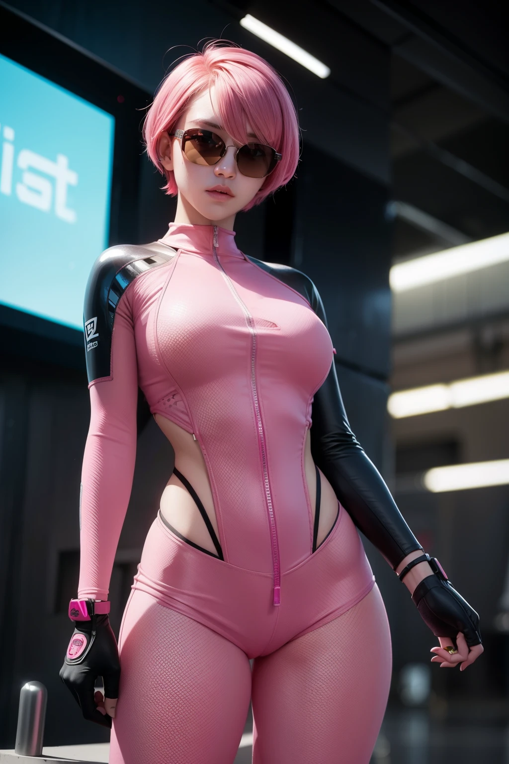 Waist up hot teen (masterpiece) with bob short pink hair, best quality, expressive eyes, perfect face, wearing a tight detailed ornad sci-fi cyberpunk combat plugsuit & sunglasses, sharp focus