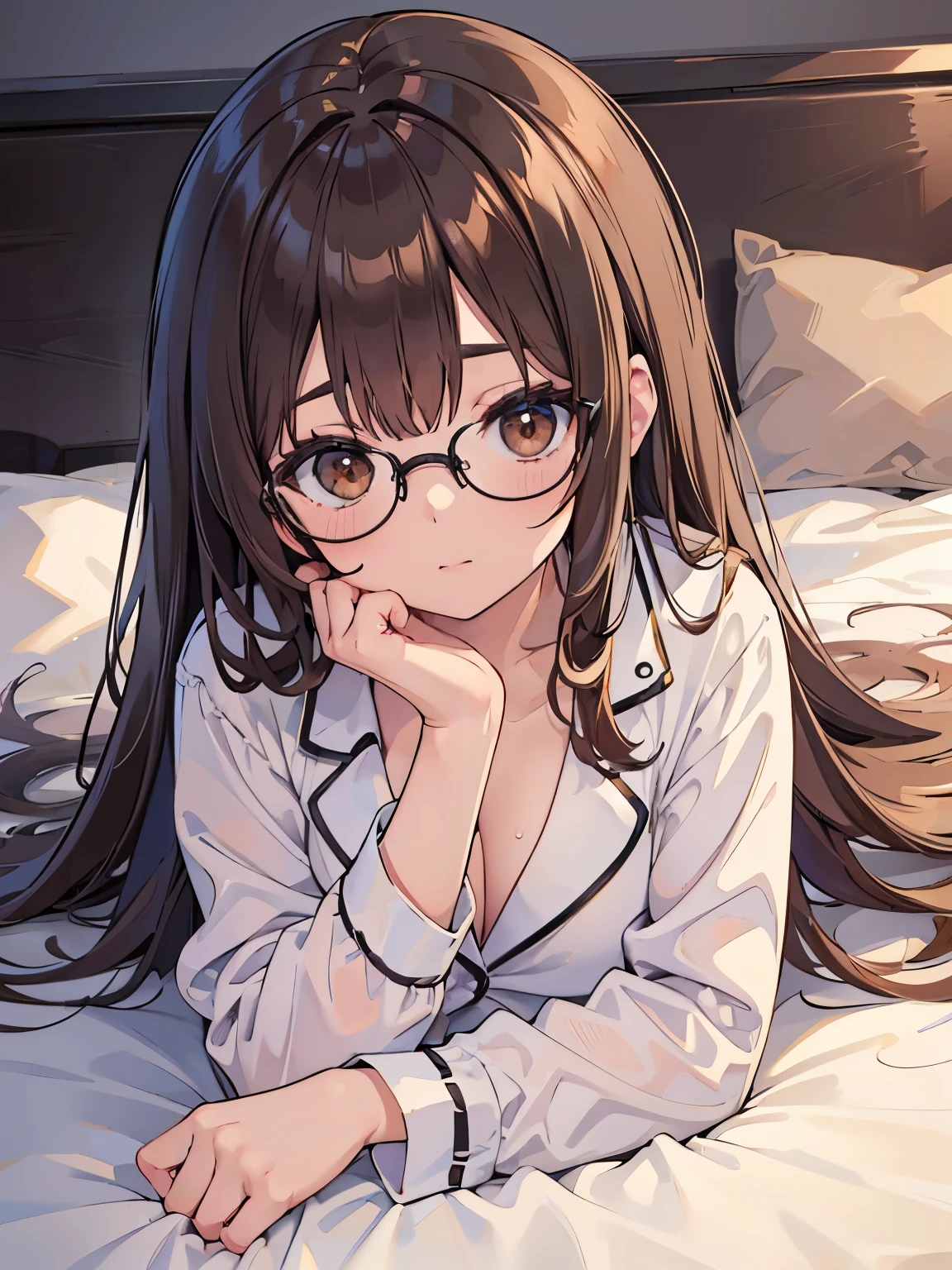 1 female、brown haired、Brown eyes、Black-rimmed glasses、seductive boobs、gorgeous faces、Perfect body。Best Quality、ultra-detailliert、8K resolution、Raw photo、masutepiece。s Pajamas。Lying in bed。sleeping face。