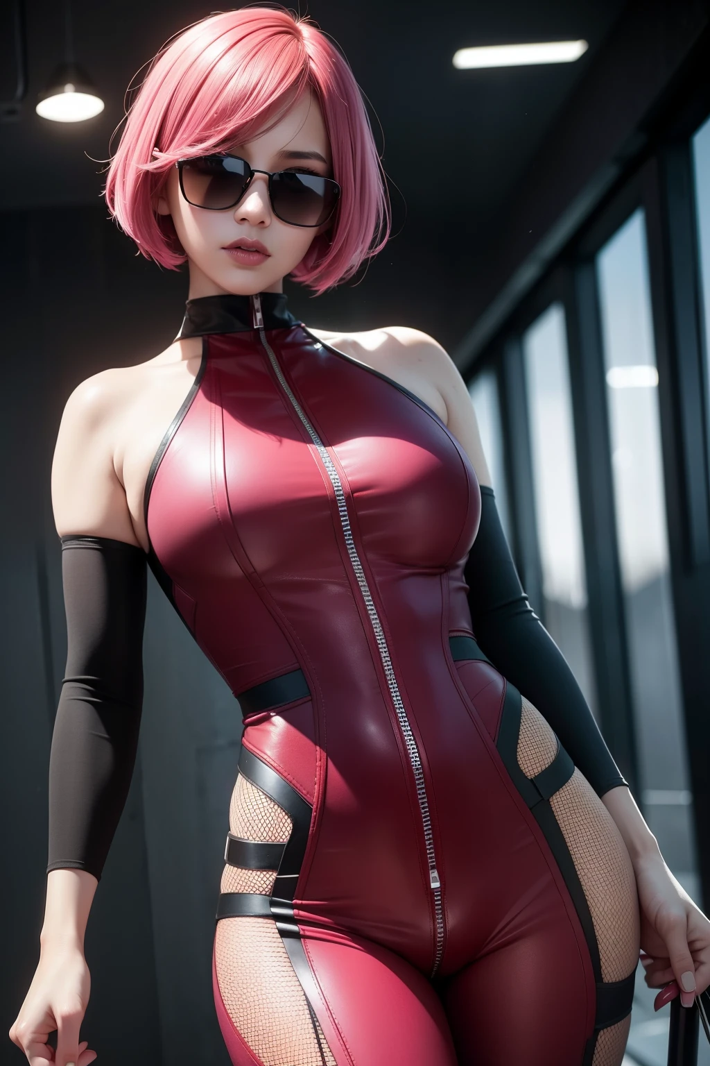 Waist up hot beauty woman (masterpiece) with bob short pink hair, best quality, expressive eyes, perfect face, wearing a tight detailed ornad sci-fi cyberpunk combat plugsuit & sunglasses, sharp focus