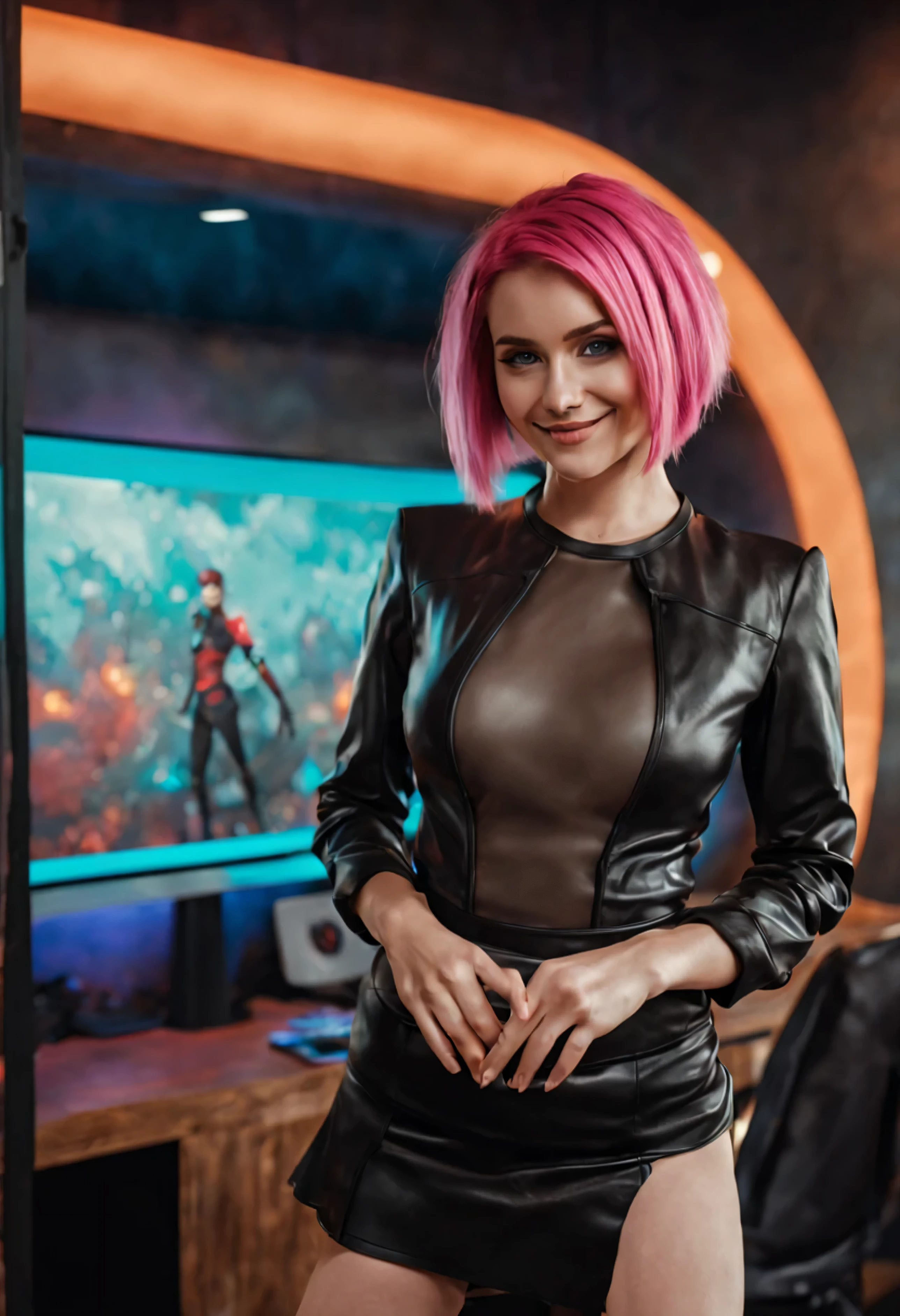 en un entorno futurista, a young man of 20 years, cabello rosa y ojos azules, se sumerge en un apasionante juego virtual. Dressed in a miniskirt and a brown leather blouse.., shows a happy expression while enjoying the experience of playing video games in a virtual space filled with vibrant colors. La imagen, captured in high definition, resalta los detalles de su outfit y su entorno. La luz de colores envuelve la escena., adding a touch of futuristic energy. This composition, en detalle, invites the viewer to immerse themselves in the world of technology and digital fun.