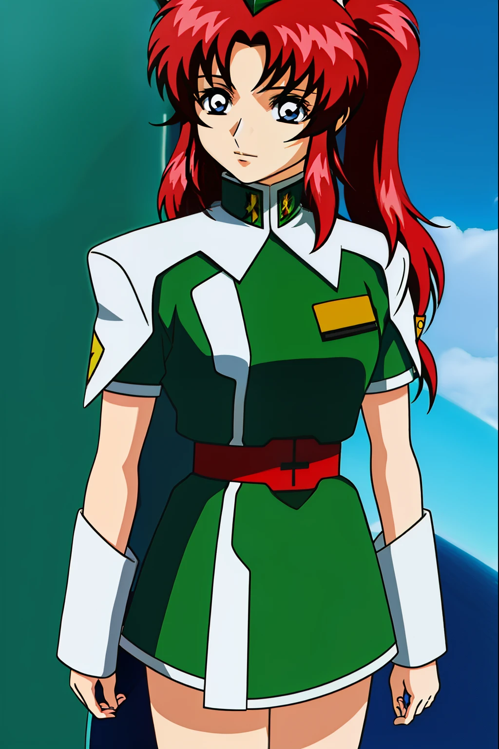 Anime girl with red hair wearing a green and white uniform, lady palutena, Boromir of 80 years\'s anime world, Gainax anime style, Makoto, Inspired by Leiko Ikemura, kakyoin, shinkai Makoto, Inspired by Rei Kamoi, with shoulder pads, rogue anime girl, fubuki