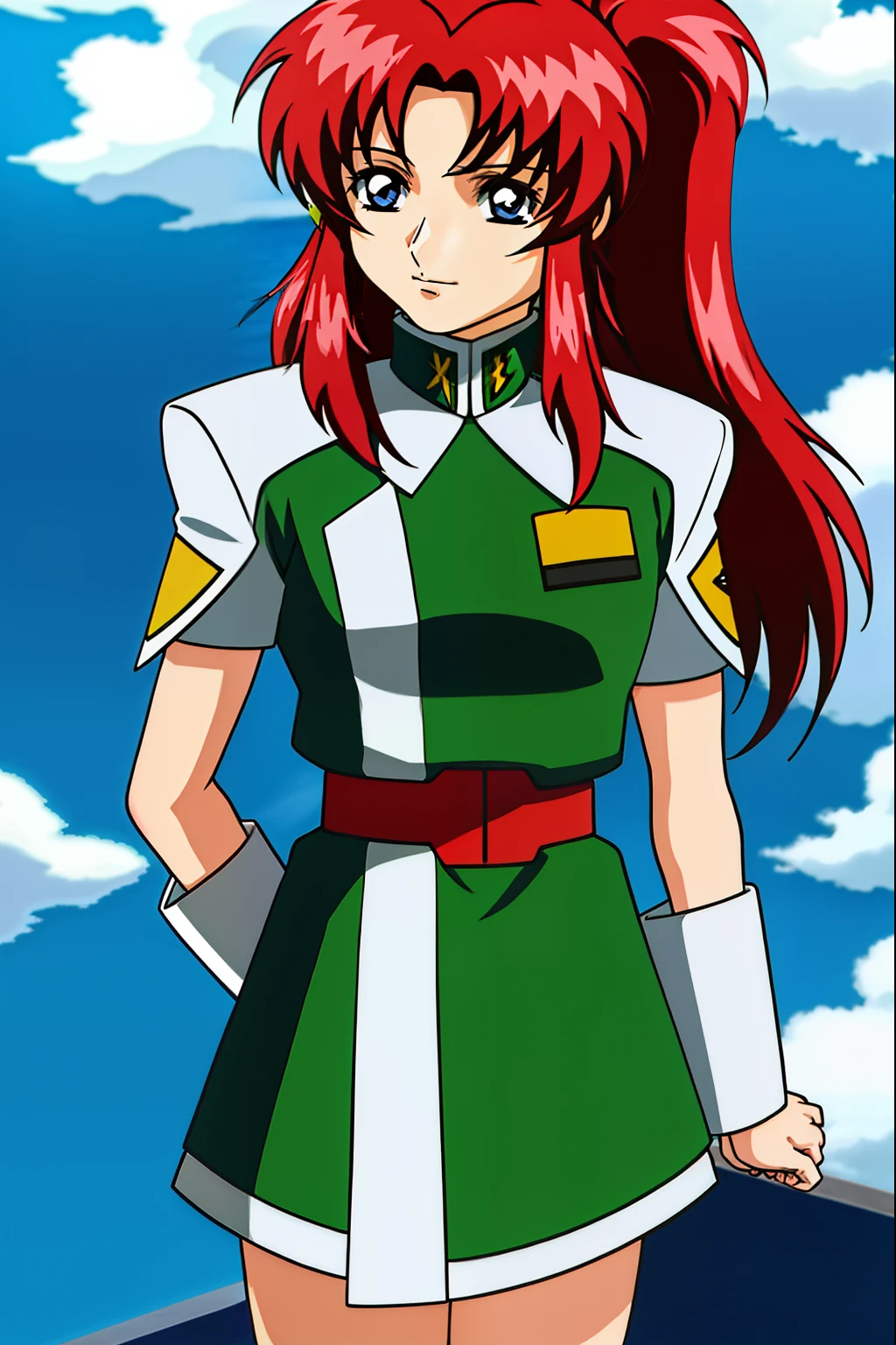 Anime girl with red hair wearing a green and white uniform, lady palutena, Boromir of 80 years\'s anime world, Gainax anime style, Makoto, Inspired by Leiko Ikemura, kakyoin, shinkai Makoto, Inspired by Rei Kamoi, with shoulder pads, rogue anime girl, fubuki