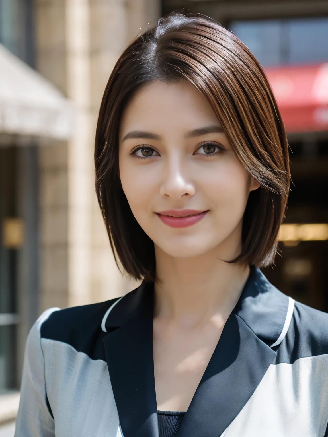 highest quality, realistically, super detailed, High resolution, solid color background,8k wallpaper, 1 beautiful woman,short and fine hair, Please wear a flight attendant suit, lock focus, beautiful eyes, delicate hair, 细致realistically的皮肤纹理, smile, close up portrait, model body shape、40 year old mature woman、((facing forward:1.3))、Paris city center,((looking at the camera:1.3))