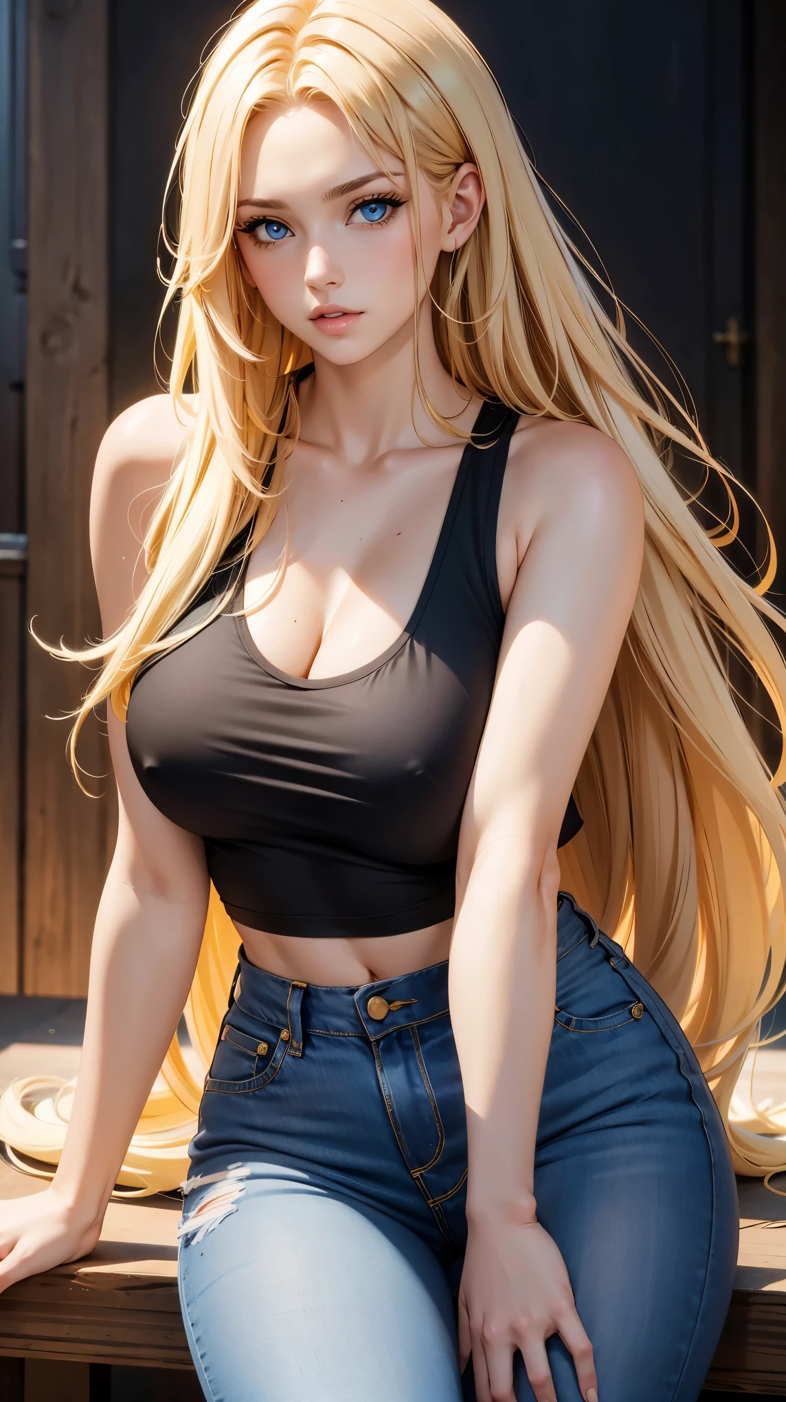 1woman, black tank top, large breasts, yellow hair, long hair, blue jeans, parted lips, blue eyes