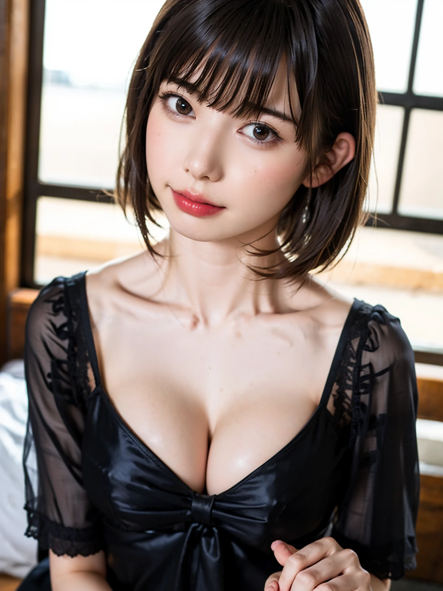 (table top, highest quality、high detail:1.4、very attractive beauty、Adds intense highlights to the eyes、look closely at the camera:1.4、Beautiful woman full of charm、ideal body proportions、perfect anatomy、brunette short bob hair、shiny hair、bangs:2、光沢のあるbangs:2、lip gloss),1 girl, Report, light brown shiny hair, scarf,realistic, looking at the viewer、Please tilt your head slightly, bright colored crystal light blue eyes, short and shiny hair、 chest中央に穴の開いた白いタートルネックの衣装,chestの真ん中に丸い穴のあるセクシーな白いタートルネック ニット セーター、 lips, lip gloss, Upper body、Big eyes、eyelash、face is a little red、embarrassing)、((italian road in winter))、((short hair with Big eyess、Give your students very powerful highlights、{Huge|big|Hugeな|mega} chest:2、very bigger chest:2、look at the audience、very beautiful beauty、show me your ears、long neck、smile a little、beautiful teeth、open your mouth and smile、heart shaped eyes))、28 years old、very cute super model、portrait:2、close your face:2