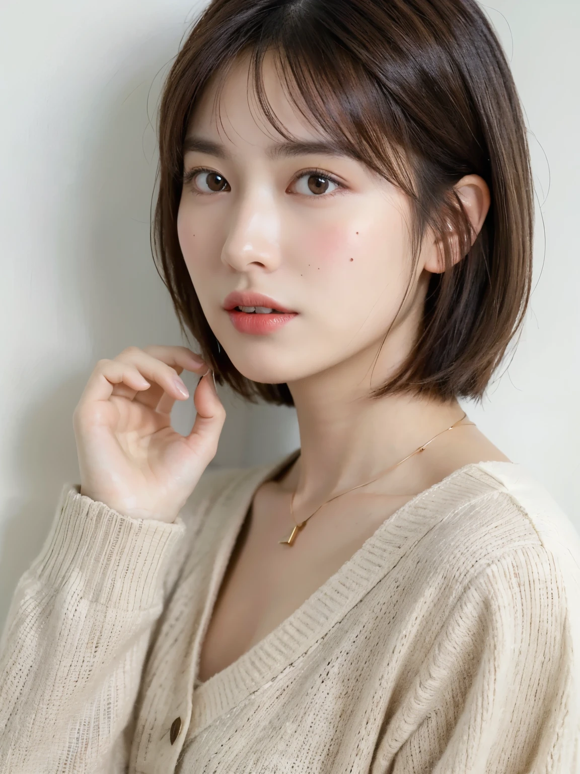 ((highest quality, 8K, masterpiece :1.3)), 1 girl, (bob hair、short hair,Taken in front of a white wall :1.2)、Shot in natural light、pastel cardigan :1.1, Angle from above、super detailed face, fine eyes,(Highly realistic photos, High resolution, detailed face, fine eyes)、japanese woman, 35 years old, Variety of facial expressions, alone:1, different hairstyles, casual clothes, Only one person appears in the photo、long sleeve dress、Shot in natural light、simple necklace、Spring clothes、Don't look at the camera、profile、Dark brown hair color