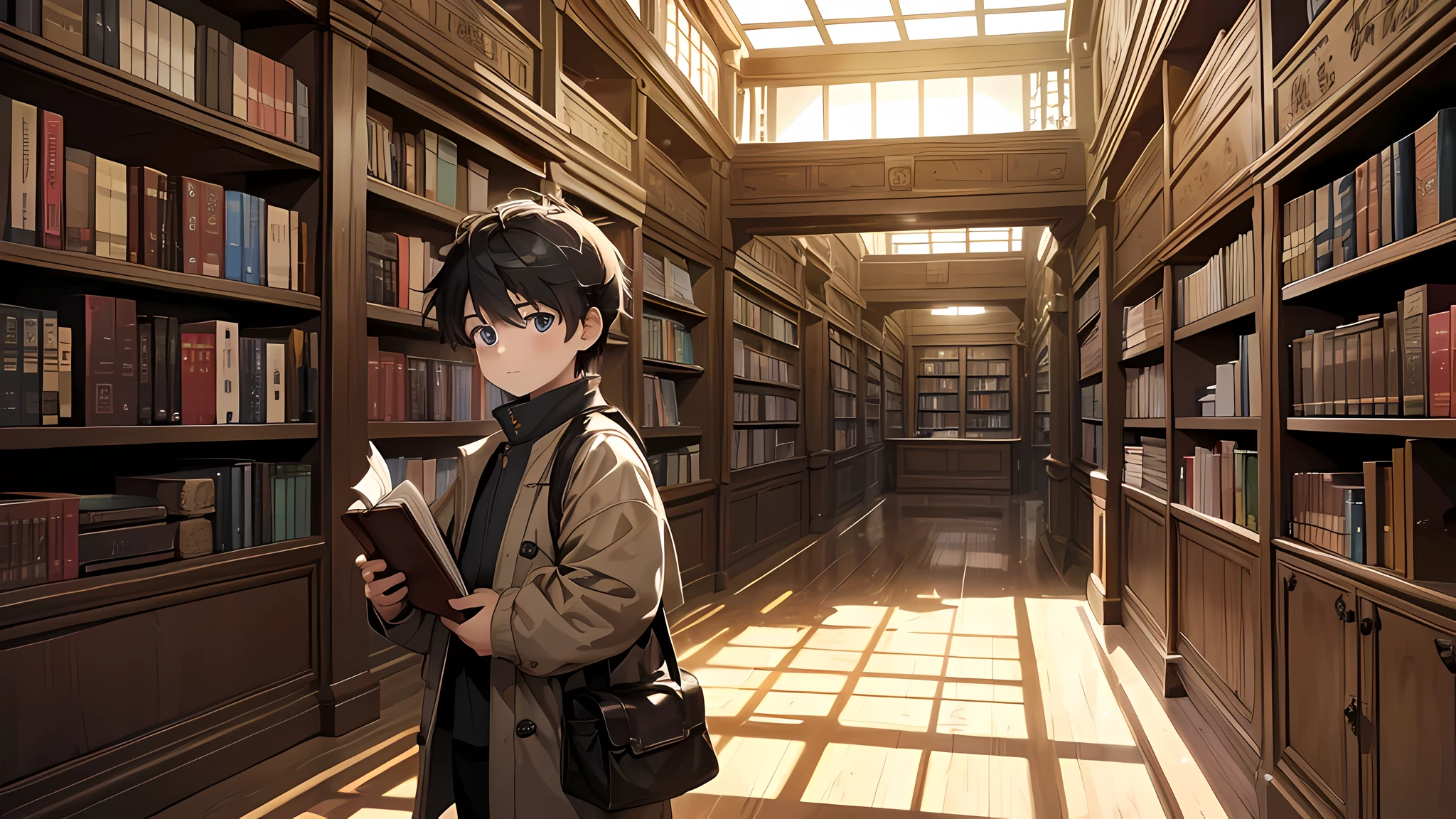 The little boy read intently，The face was full of excitement and curiosity。The large bookshelves around are lined with old books，The air smells of dust and history。