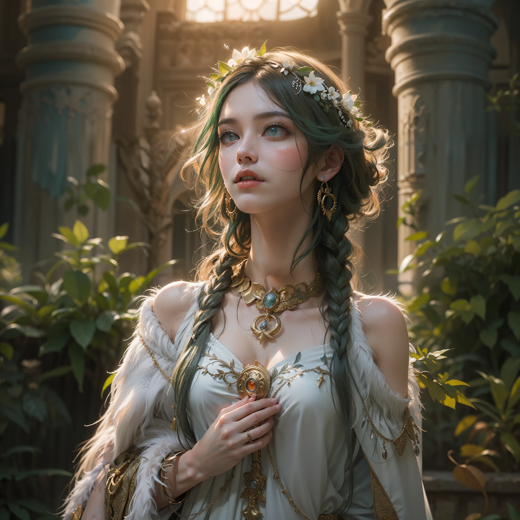 ((Too much skin exposure: 1.8))、(award-winning masterpieces galore, incredibly detailed, textured and maximally detailed), (hyper realistic:1.4), (realistic:1.3), (top quality realistic textured skin), (dense perfect circle symmetrically beautifully rendered eyes), (angelic light Circle of Divine Radiance Overhead: 1.8), ((Medieval World)), (Black Angel of the Lord or White Angel of the Lord: 1.6), (Full Length Standing Image: 1.8), (Beautiful Kind Eyes), (Loving Beautiful Colored Eyes), (Magnificent Cloud Masses and Sky), (Halo Optical Phenomenon: 1.3), (Dramatic light), (majestic scene), (so beautiful in its expression of serenity and tenderness), ((big old wings with pure white feathers behind shoulders)), flower earrings on ears, (((dramatic photo))), (twilight), (sunset), (dusk), ((sacred pose)), (Green hair), (chestnut hair ), flower garden, (elaborately crafted necklace around her neck), old ruins infested with plants, great temple, cathedral, ruins of temple, temple away from temple, (glowing magic circle), ruins of ancient castle, deserted ruins, crumbling ruins, ancient ruins with clear water, holy light, epic realistic, ((neutral color )), (HDR:1.5), (subdued colors:1.2), highly detailed, cinematic, warm light, dramatic light, (complex details:1.1), complex background, petals, pastel colors、(The Art of Light)