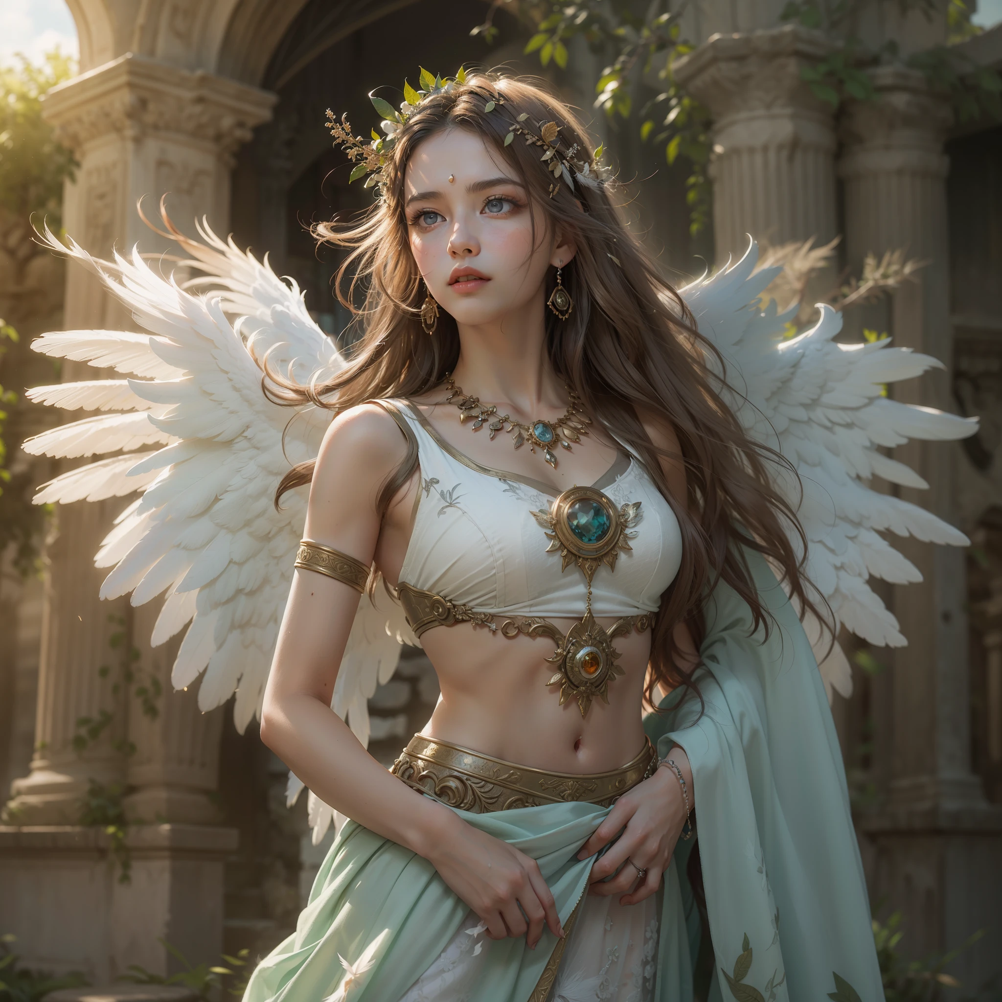 ((Too much skin exposure: 1.8))、(award-winning masterpieces galore, incredibly detailed, textured and maximally detailed), (hyper realistic:1.4), (realistic:1.3), (top quality realistic textured skin), (dense perfect circle symmetrically beautifully rendered eyes), (angelic light Circle of Divine Radiance Overhead: 1.8), ((Medieval World)), (Black Angel of the Lord or White Angel of the Lord: 1.6), (Full Length Standing Image: 1.8), (Beautiful Kind Eyes), (Loving Beautiful Colored Eyes), (Magnificent Cloud Masses and Sky), (Halo Optical Phenomenon: 1.3), (Dramatic light), (majestic scene), (so beautiful in its expression of serenity and tenderness), ((big old wings with pure white feathers behind shoulders)), flower earrings on ears, (((dramatic photo))), (twilight), (sunset), (dusk), ((sacred pose)), (Green hair), (chestnut hair ), flower garden, (elaborately crafted necklace around her neck), old ruins infested with plants, great temple, cathedral, ruins of temple, temple away from temple, (glowing magic circle), ruins of ancient castle, deserted ruins, crumbling ruins, ancient ruins with clear water, holy light, epic realistic, ((neutral color  )), (HDR:1.5), (subdued colors:1.2), highly detailed, cinematic, warm light, dramatic light, (complex details:1.1), complex background, petals, pastel colors、（The Art of Light）
