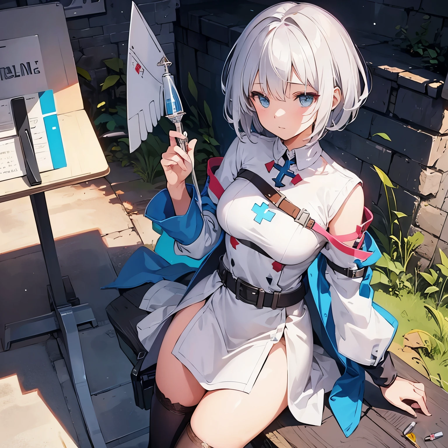 Girl Medieval Fantasy Medic Syringe Short Hair Relief Card Illustration Style