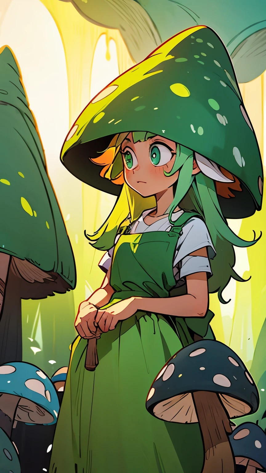 Girl, green hair, long hair, green dress, white apron, mushroom hat, fungus, full of mushroom, fungi, inside a glowing cave