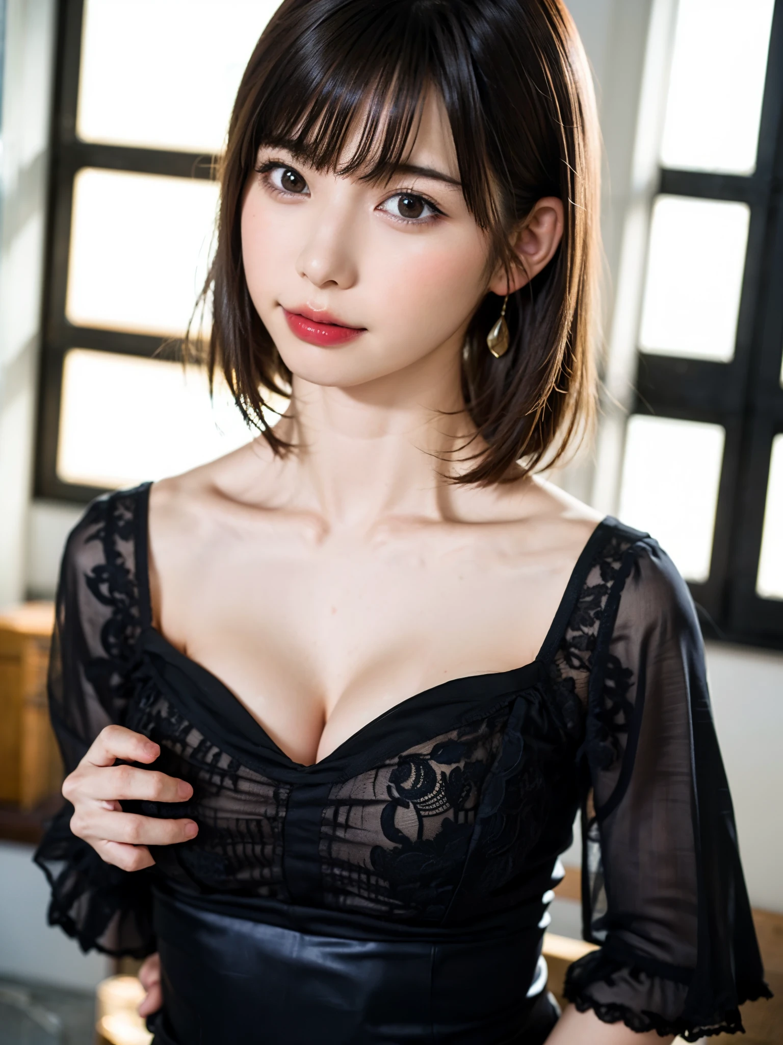 (table top, highest quality、high detail:1.4、very attractive beauty、Adds intense highlights to the eyes、look closely at the camera:1.4、Beautiful woman full of charm、ideal body proportions、perfect anatomy、brunette short bob hair、shiny hair、bangs:2、光沢のあるbangs:2、lip gloss),1 girl, Report, light brown shiny hair, scarf,realistic, looking at the viewer、Please tilt your head slightly, bright colored crystal light blue eyes, short and shiny hair、 chest中央に穴の開いた白いタートルネックの衣装,chestの真ん中に丸い穴のあるセクシーな白いタートルネック ニット セーター、 lips, lip gloss, Upper body、Big eyes、eyelash、face is a little red、embarrassing)、((italian road in winter))、((short hair with Big eyess、Give your students very powerful highlights、{Huge|big|Hugeな|mega} chest:2、very bigger chest:2、look at the audience、very beautiful beauty、show me your ears、long neck、smile a little、beautiful teeth、open your mouth and smile、heart shaped eyes))、28 years old、very cute super model、portrait:2、close your face:2