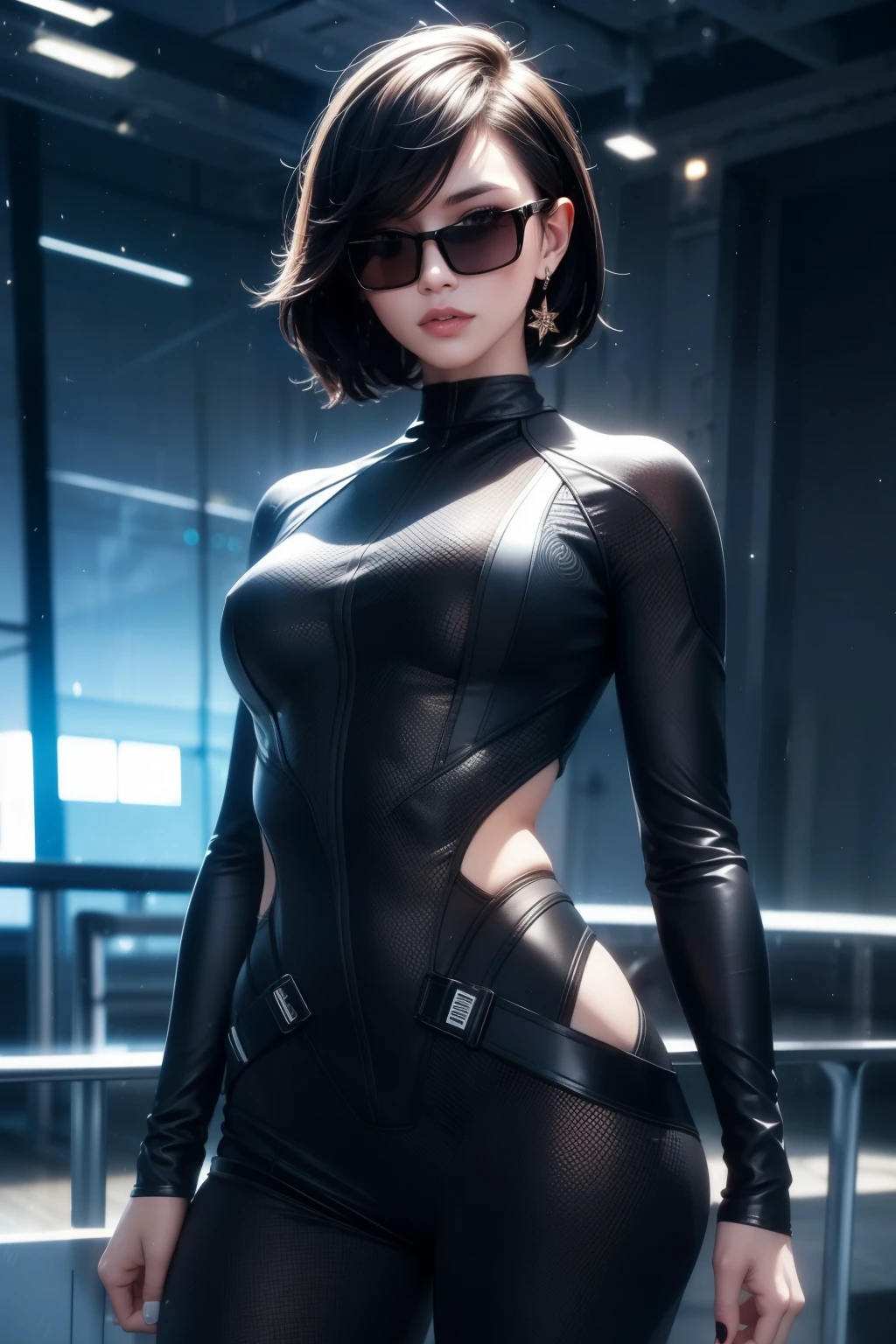 Waist up hot beauty woman (masterpiece) with bob short black hair, best quality, expressive eyes, perfect face, wearing a tight detailed ornad sci-fi cyberpunk combat plugsuit & sunglasses, sharp focus