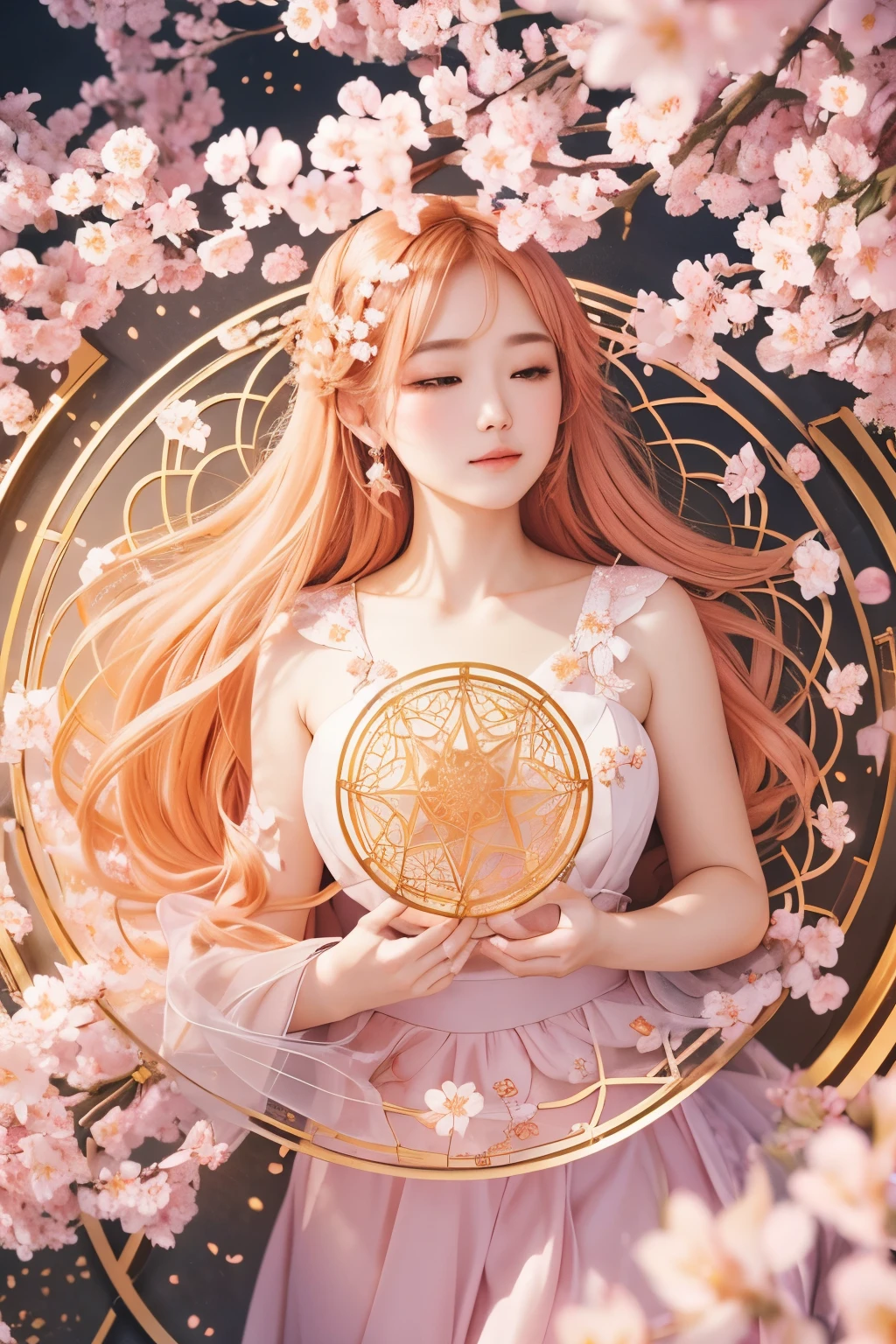 best quality, 32k, RAW photo, incredibly absurdres, extremely detailed, delicate texture, cherry blossoms at the top, orange lilies at the bottom, and a beautiful celestial maiden dance in the circular golden lattice in the center, pastel color