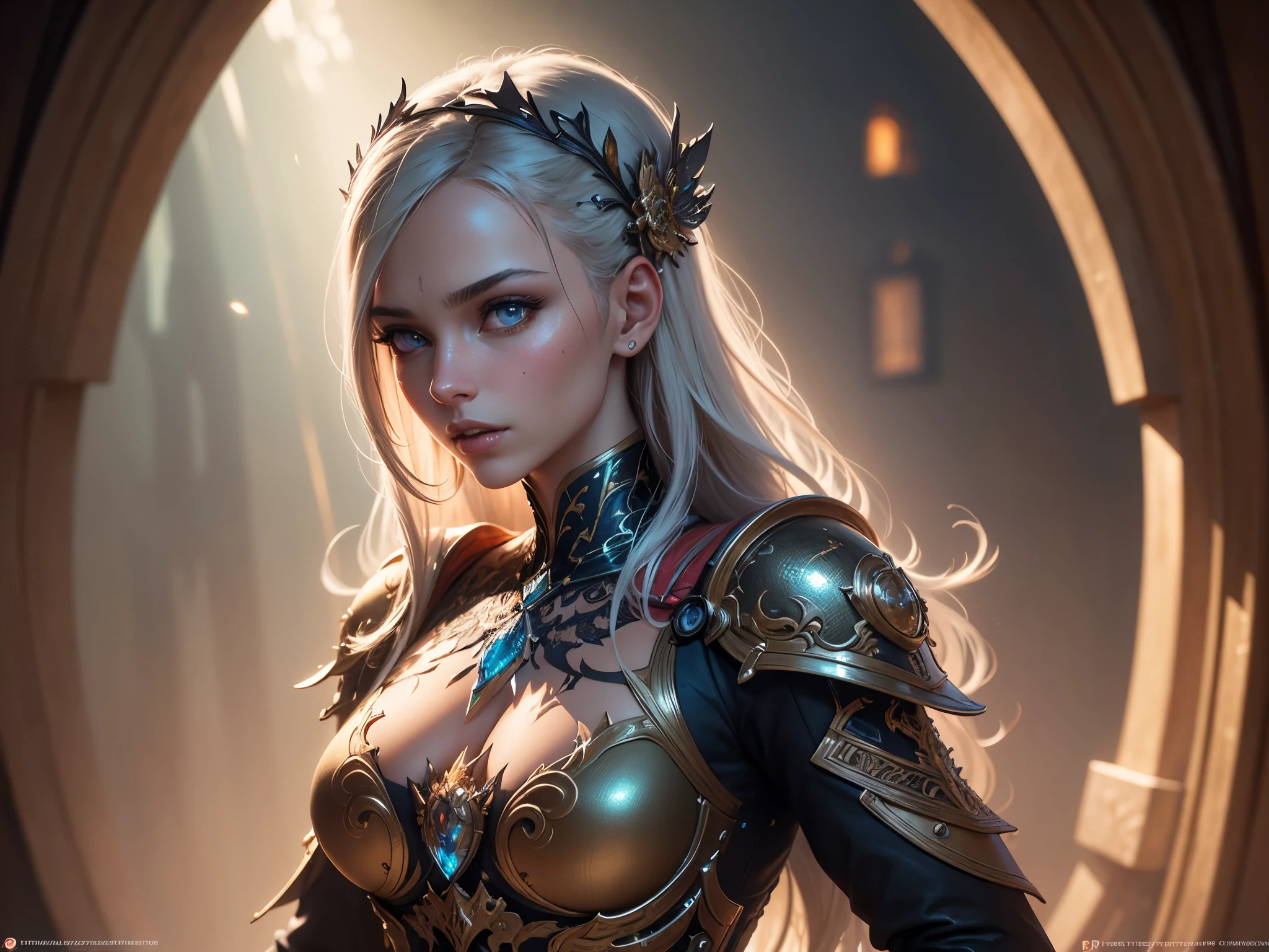 Muscular woman with blonde hair with braids, (armadura de decote verde punk medieval). Bright chrome gold lingerie with sharp reflections. Gemas. bareshoulders. Ornate red hat. Detailed lighting. Artwork. Beleza extrema. Clothing with intense colored gradient ...
Victor Espectro