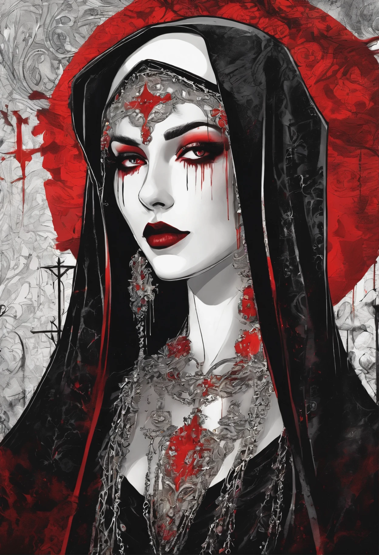 (sexy gothic demonic nun), dark, mysterious, enchanting, hauntingly beautiful, (detailed facial features, piercing eyes, dark red lips), black flowing robes, cross necklace, sensual, alluring pose, (candlelit backdrop, ominous atmosphere), (best quality, highres, ultra-detailed), (gothic art, oil painting, dark fantasy), (dramatic lighting, shadows, ethereal glow), (black and red color scheme, intense contrast), (beautifully composed, intricate details), (evokes a sense of desire and forbidden allure).