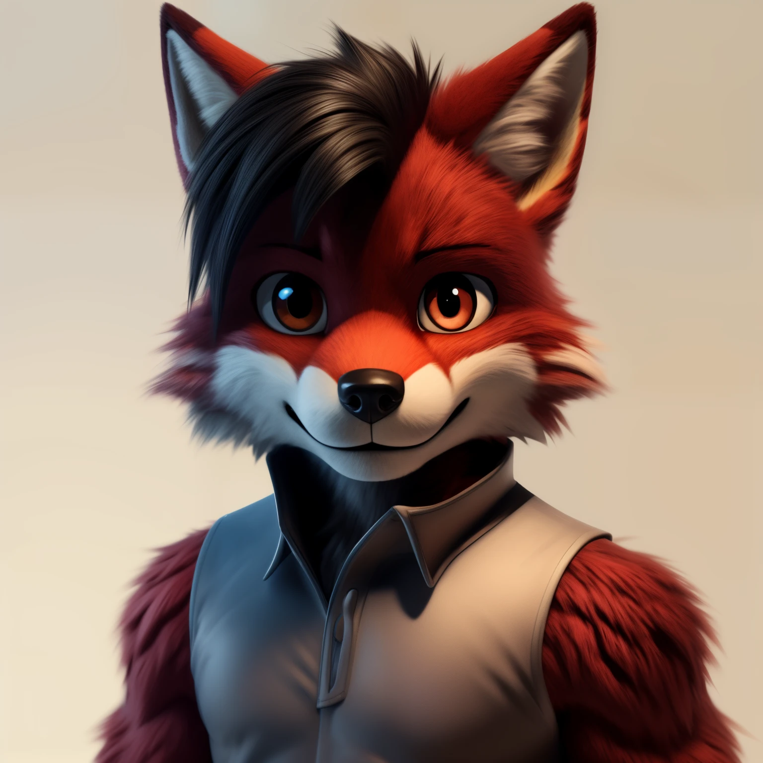 (red furred wolf), (short black hair), big eyes, smiling, masterpiece, detailed body, detailed face, male, detailed eyes, thin, no shadows, light background, full body, (style of miles tails prower), (red fur:2), 3D, brown eyes, looking at the viewer