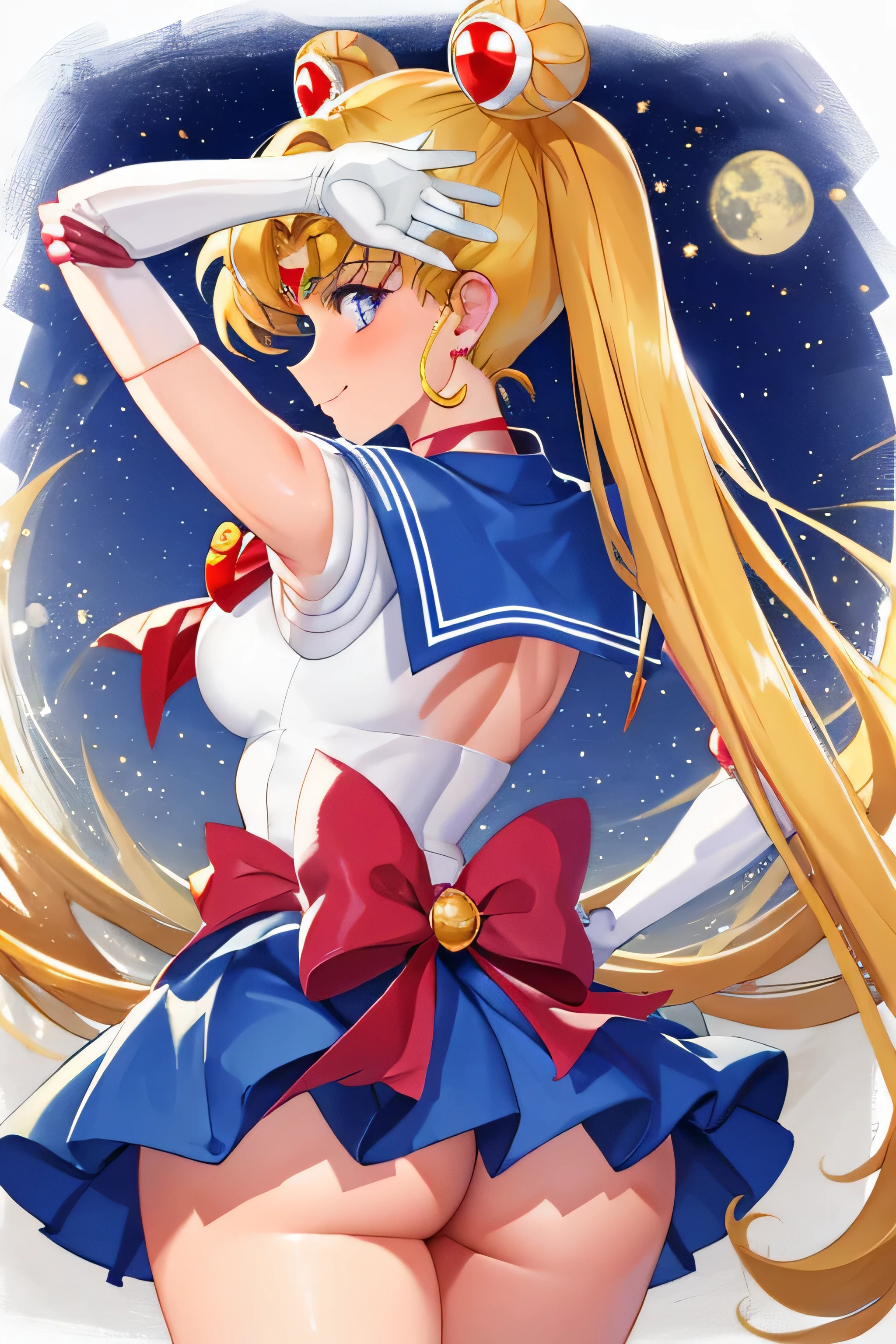 obra maestra, Mejor calidad, absurdos, perfect anatomy, 1 chica, Solo, SMMoon, 1990s \(Estilo\), rubia sailor moon, de pie, Sonrisa, tiro de vaquero, Uniforme Marinero Senshi, cuello marinero, falda azul, guantes de codo, en postura de espalda, Show off your loot, backward, No hay tanga Big Booty, Minifalda ultra ( postura de espalda, backward, Show off your loot)