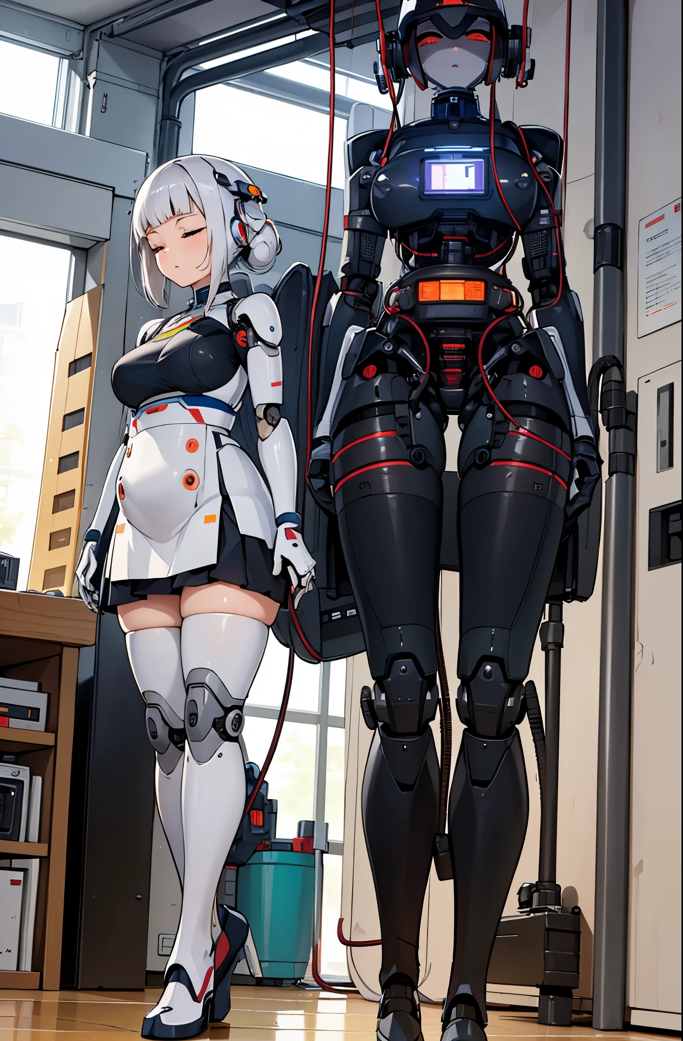 masterpiece, best quality, extremely detailed, Japaese android girl,Plump , control panels,android,Droid,Mechanical Hand, Robot arms and legs,Blunt bangs,perfect robot girl,long tube,thick cable connected her neck,android,robot,humanoid,cyborg,japanese cyborg girl ,future laboratory,robot laboratory,maintenance,connecting a cable between the legs,skirt, She is charging now,(sleep mode:1.5)(closing eyes:1.5)(bowing:1.5)