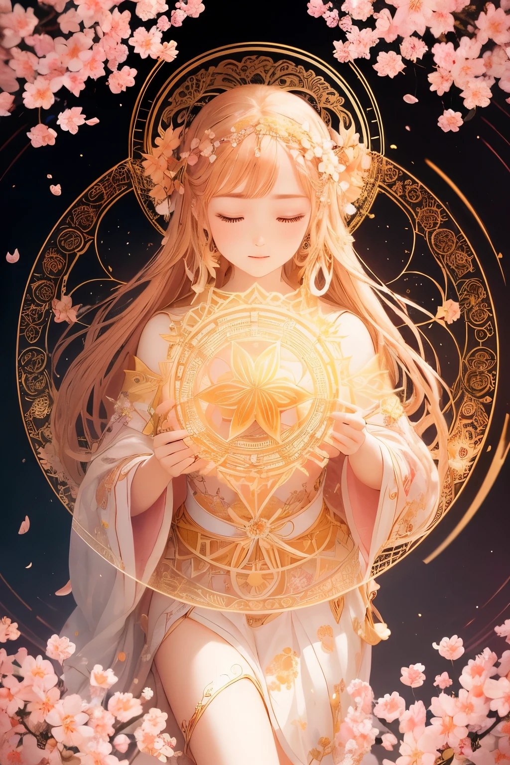 best quality, 32k, RAW photo, incredibly absurdres, extremely detailed, delicate texture, cherry blossoms at the top, orange lilies at the bottom, and a beautiful celestial maiden dance in the circular golden lattice in the center, pastel color