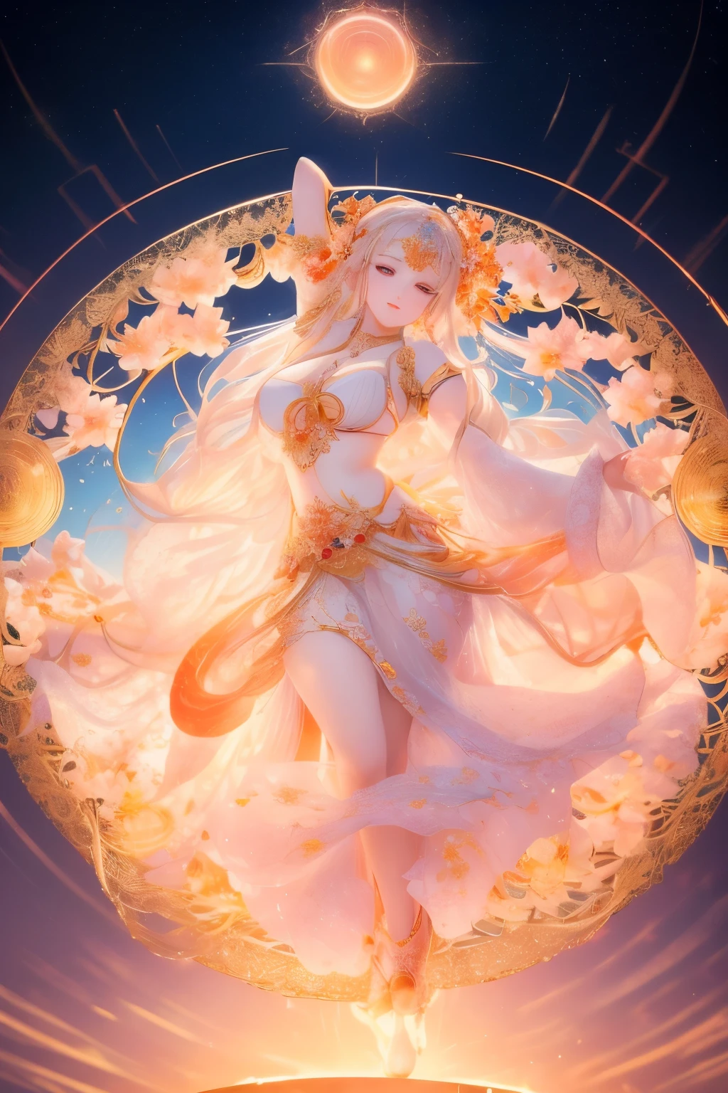 Highest quality, 32k, RAW Photos, Incredibly absurd, Very detailed, Delicate texture, Cherry blossoms at the summit, Orange lilies at the bottom, A beautiful celestial maiden dances within the circular golden lattice in the center., pastel colour