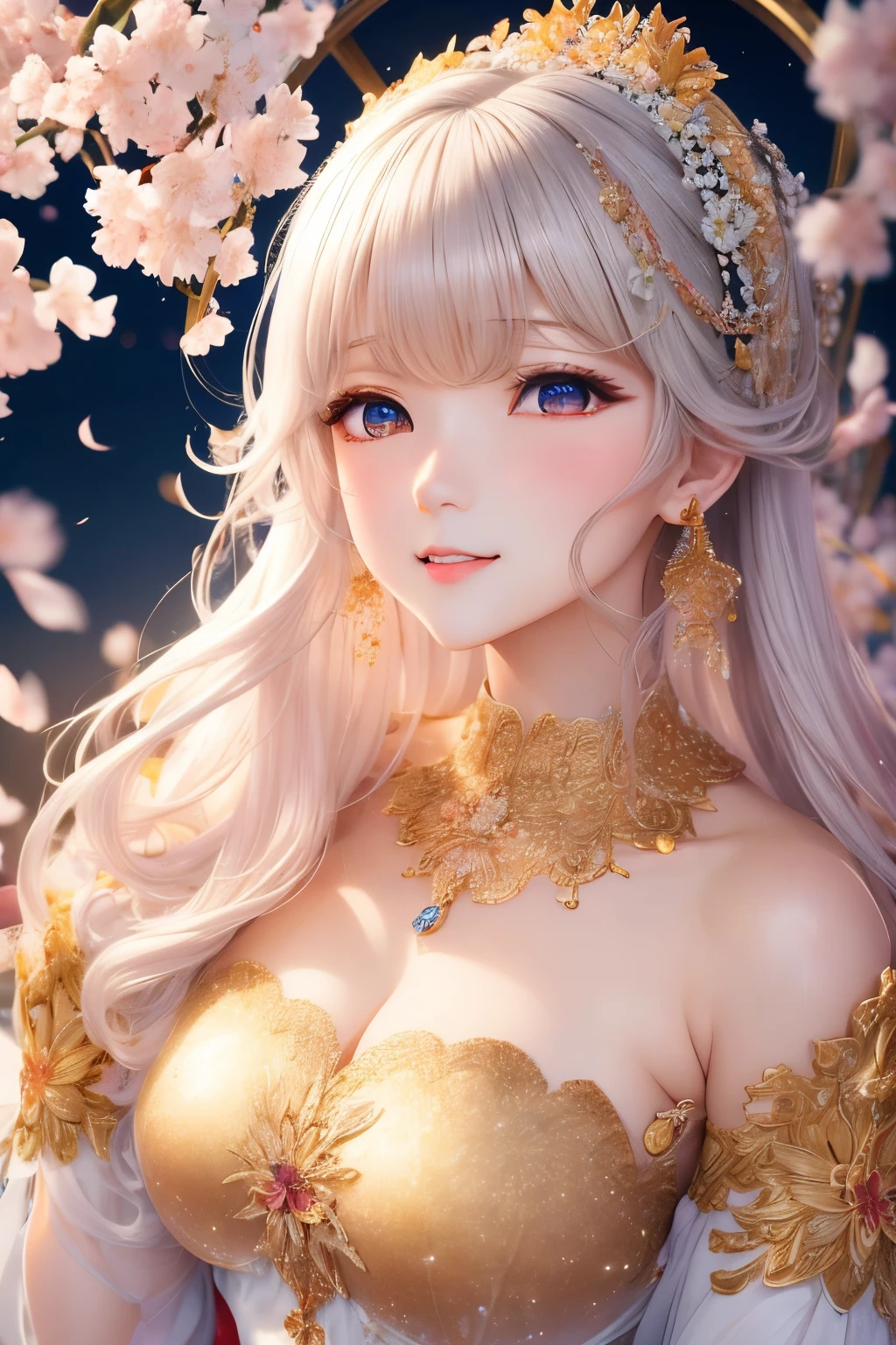 best quality, 32k, RAW photo, incredibly absurdres, extremely detailed, delicate texture, cherry blossoms at the top, orange lilies at the bottom, and a beautiful celestial maiden dance in the circular golden lattice in the center, pastel color