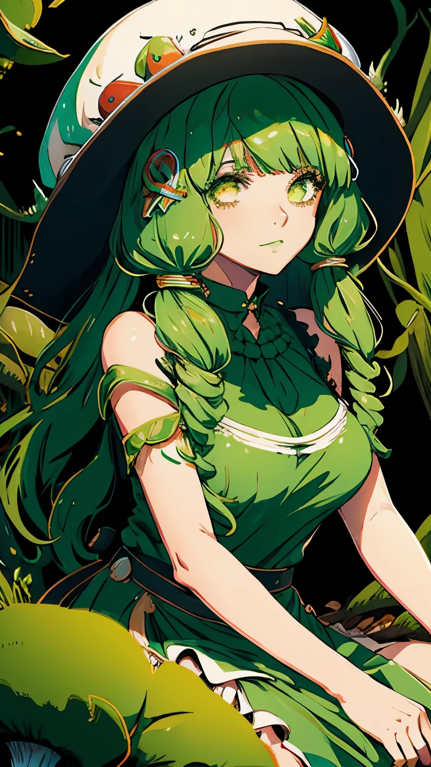 Girl, green hair, long hair, green dress, white apron, mushroom hat, fungus, full of mushroom, fungi, inside a glowing cave