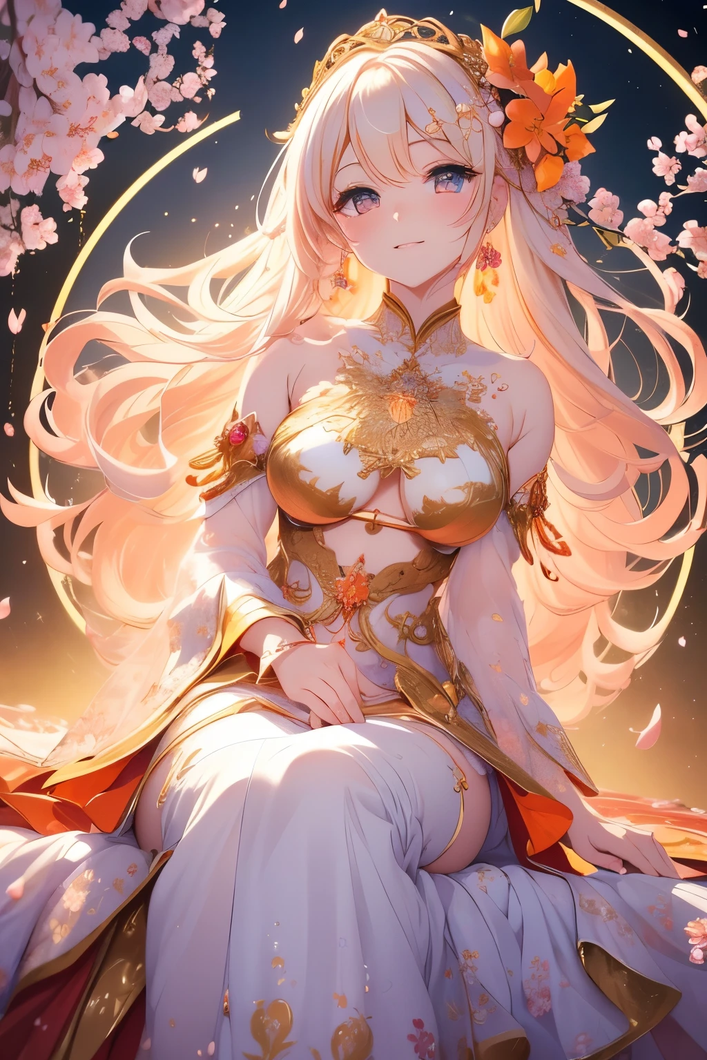 best quality, 32k, RAW photo, incredibly absurdres, extremely detailed, delicate texture, cherry blossoms at the top, orange lilies at the bottom, and a beautiful celestial maiden dance in the circular golden lattice in the center, pastel color