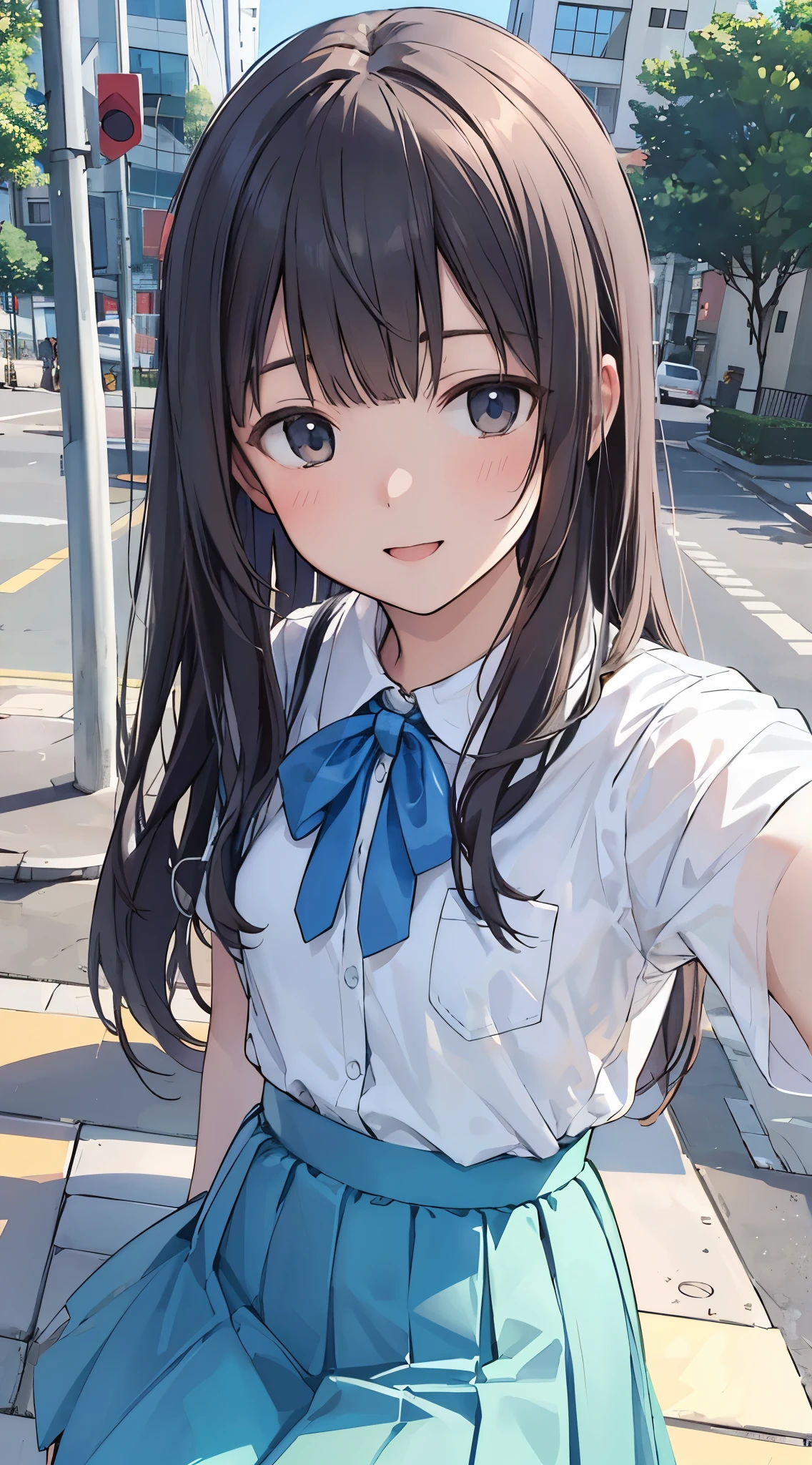 best quality, ultra high res, (photorealistic:1.4),(detailed face),(happy),(sleepy face:0.99), (small breasts),(hentai,white shirts,blue skirt),yukarihan,long hair,bang,