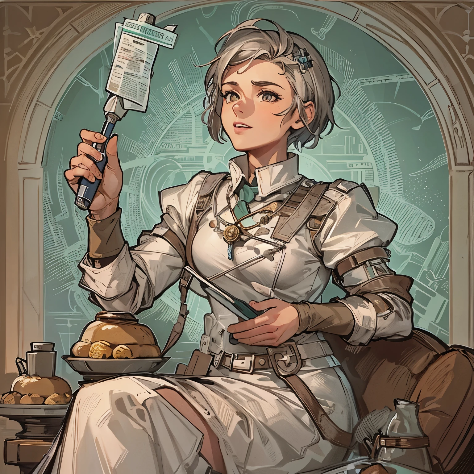 Medieval Fantasy Medic Syringe Short Hair Relief Card Illustration Style Chief Nurse