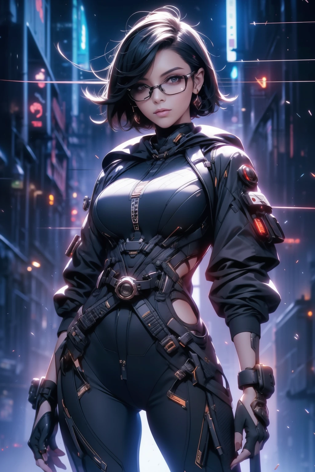 Waist up hot beauty woman (masterpiece) with bob short black hair, best quality, expressive eyes, perfect face, wearing a short jacket & a detailed ornad sci-fi cyberpunk combat plugsuit & sunglasses, sharp focus