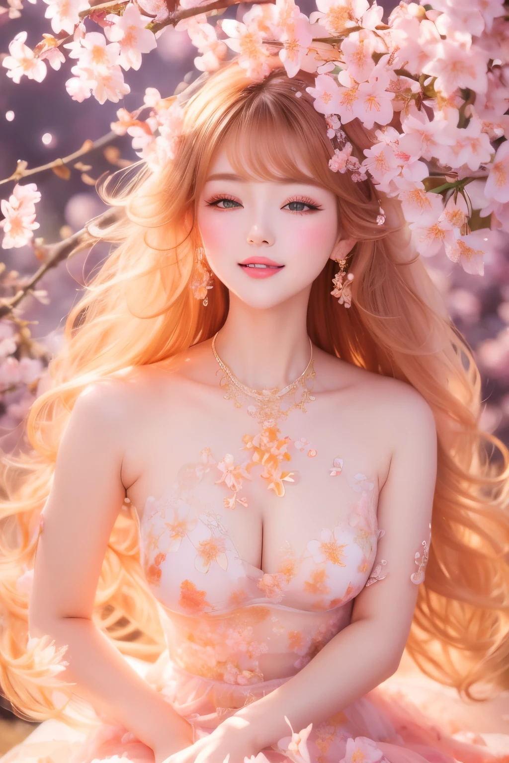 best quality, 32k, RAW photo, incredibly absurdres, extremely detailed, delicate texture, cherry blossoms at the top, orange lilies at the bottom, and a beautiful celestial maiden dance in the circular golden lattice in the center, pastel color