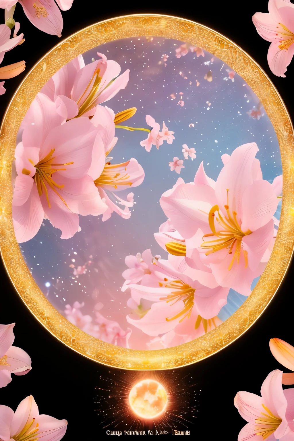 best quality, 32k, RAW photo, incredibly absurdres, extremely detailed, delicate texture, cherry blossoms at the top, orange lilies at the bottom, and a beautiful celestial maiden dance in the circular golden lattice in the center, pastel color