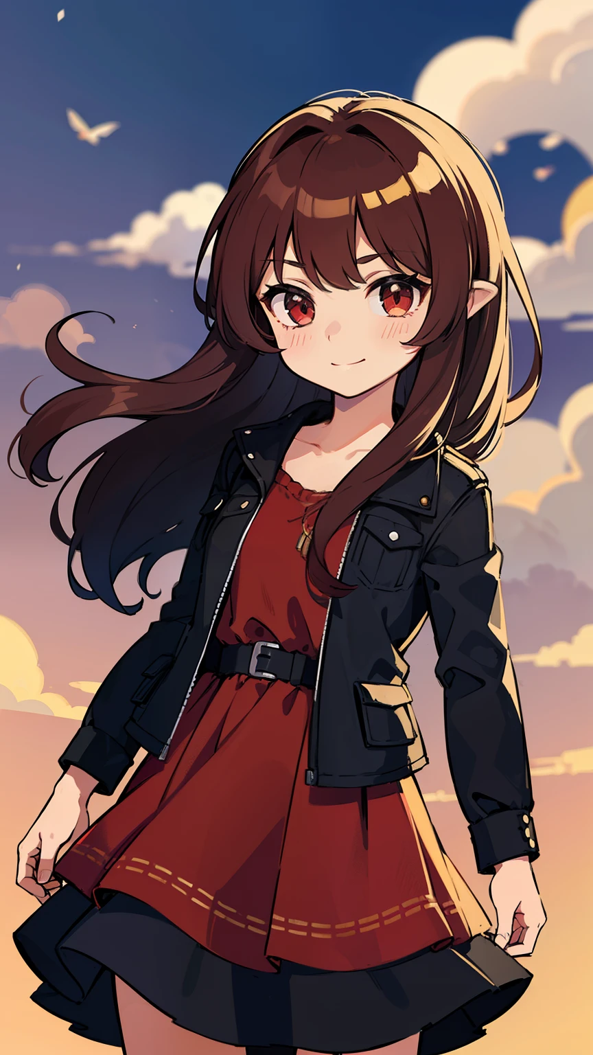 (high-quality, breathtaking),(expressive eyes, perfect face) 1girl, female, solo, , adolescent age, d red color hair, dark red eye color, soft wavy hair, long hair length, cute smile, dress, jacket, honkai star rail art style, soft kind expression, splash art, 4" Height, cute face, childlike face, calm expression, modern fantasy clothing, adventurers outfit, decals on clothing, jewellery and accessories,
