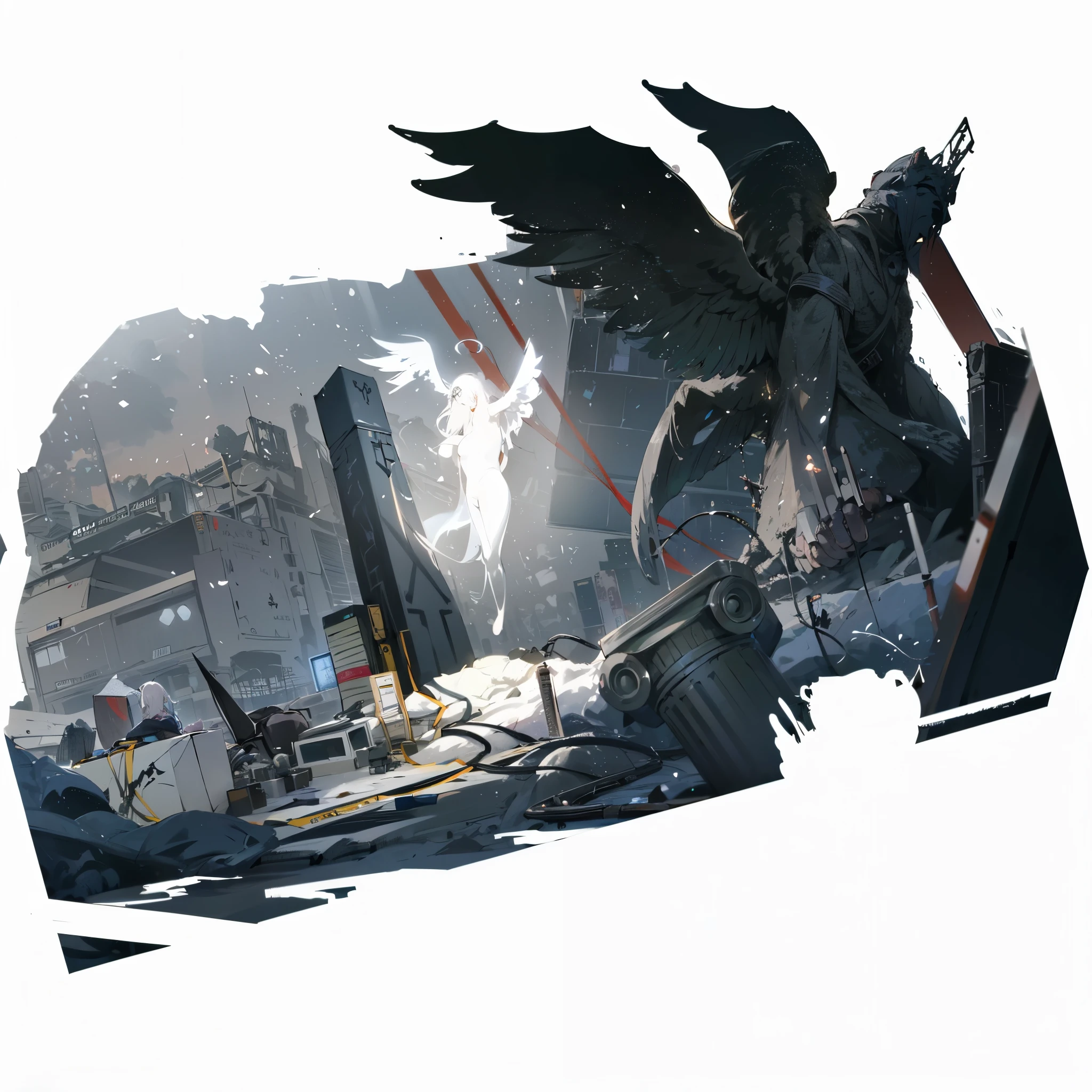 (((anime - style illustration of an angel of light coming out of an obelisk))), (((desk with computer and military supply boxes))), (((truck in the background))), (((post-apocalyptic ruins covered in ash))), ((dark atmosphere)), night time, lights and fireflies, from girls frontline, girls frontline cg, girls frontline style, girls frontline universe, fine details, girls frontlinem m4 sopmod ii girls frontline, cushart kenz, girls frontline, from arknights, trending on artstation pixiv