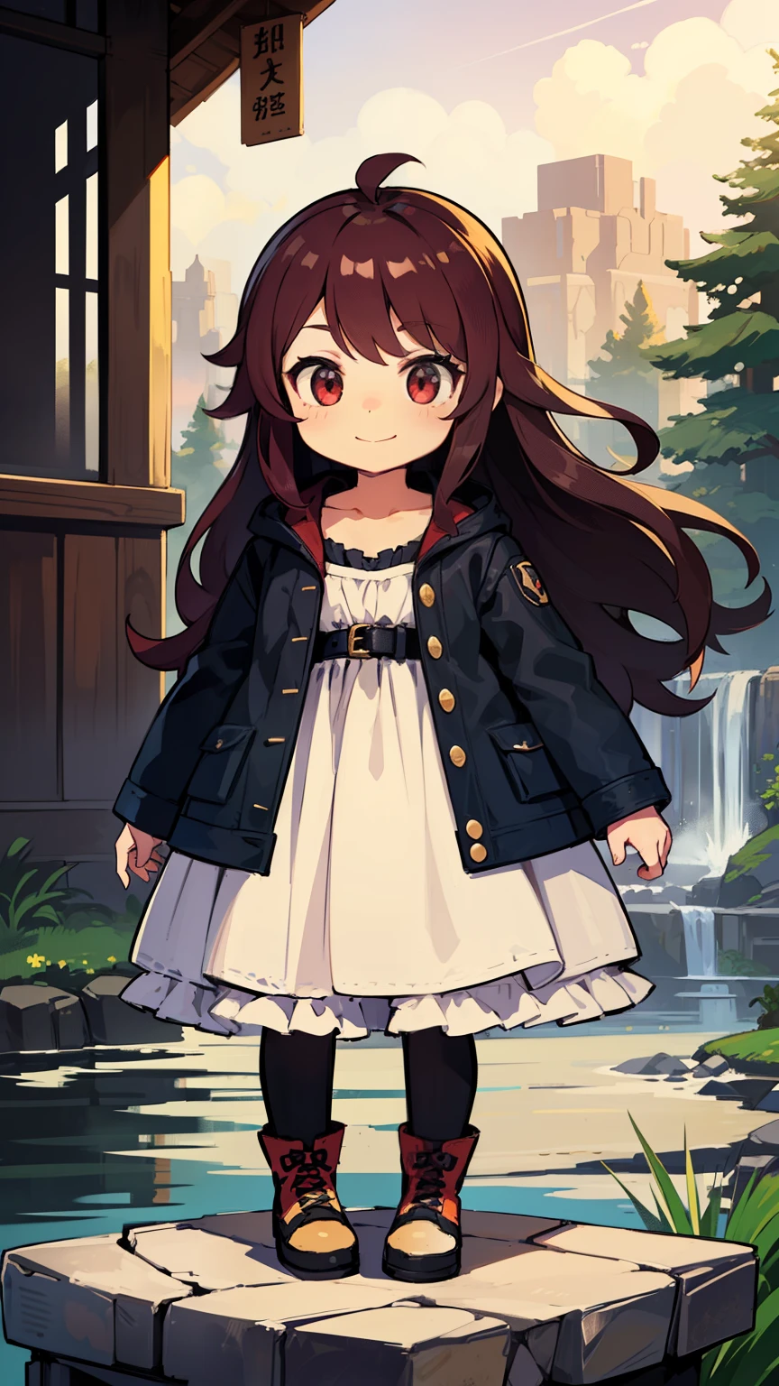 (high-quality, breathtaking),(expressive eyes, perfect face) 1girl, female, solo, age 10, adolescent age, dark red color hair, dark red eye color, soft wavy hair, long hair length, cute smile, dress, jacket, honkai star rail art style, soft kind expression, splash art, 4" Height, cute face, childlike face, calm expression, modern fantasy clothing, adventurers outfit, decals on clothing, jewellery and accessories,
