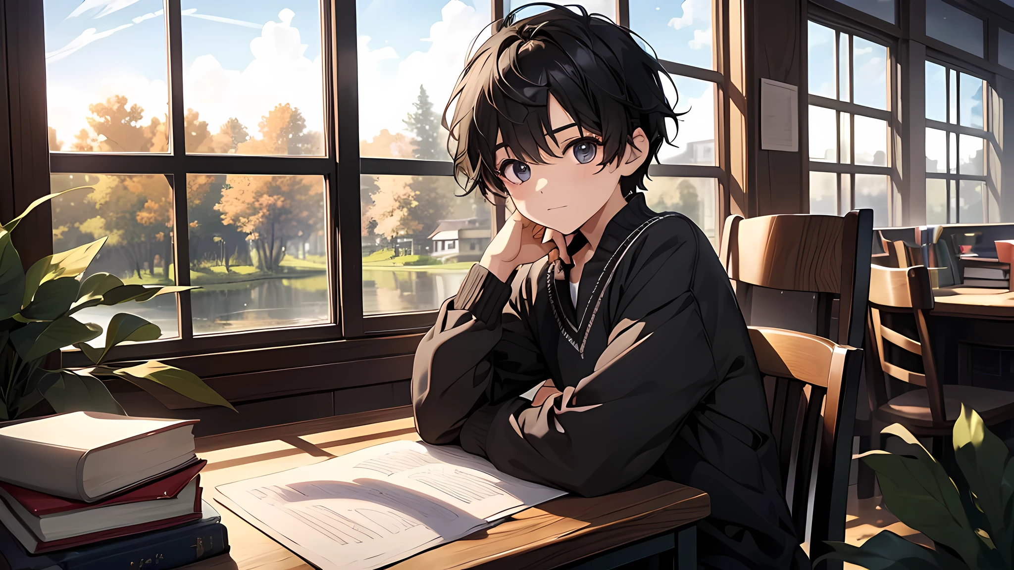 beautiful morning, adorable little boy with black hair, seated at the desk with books neatly arranged, diligently writing, serene view of a tree outside the window, perfect face, perfect body

