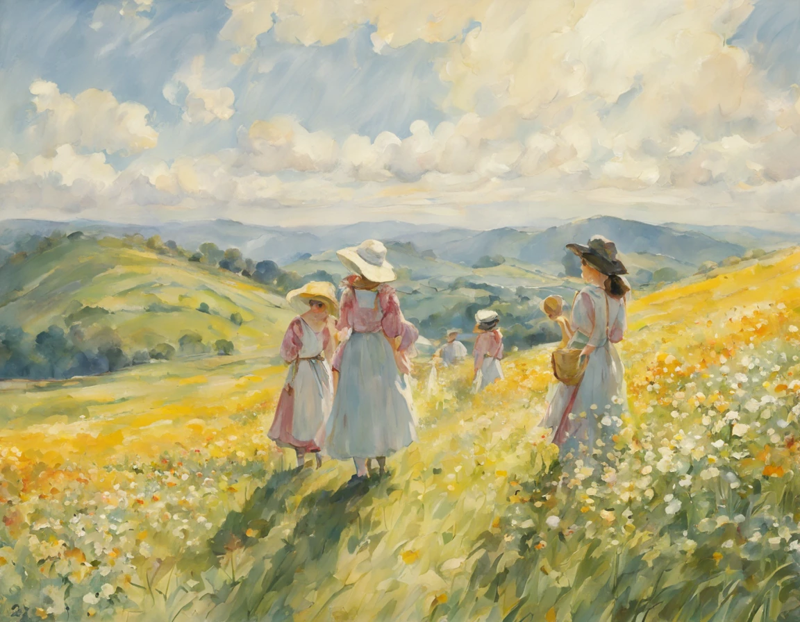 Flower-picking hills, bright sunshine, maidens