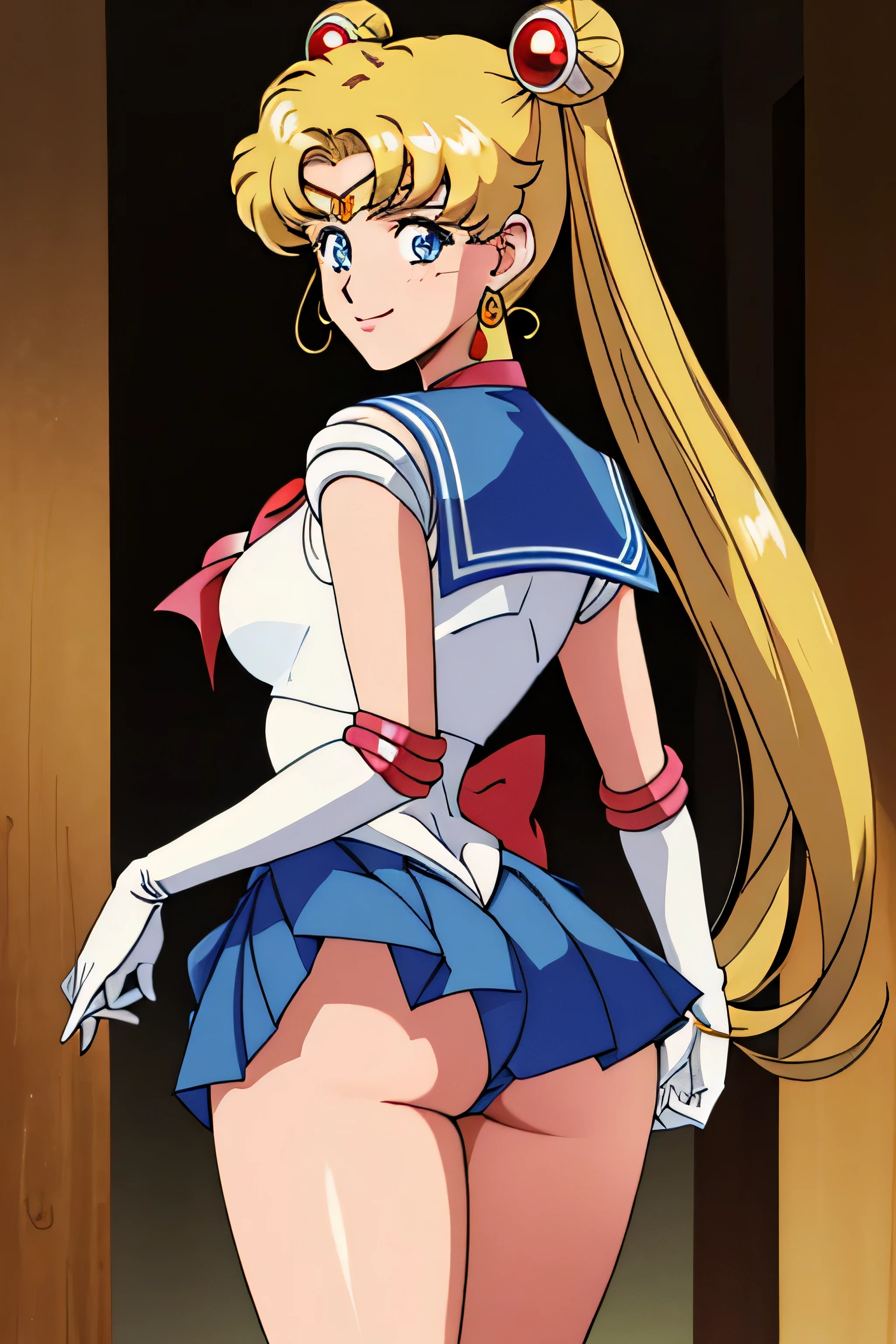 obra maestra, Mejor calidad, absurdos, perfect anatomy, 1 chica, Solo, SMMoon, 1990s \(Estilo\), rubia sailor moon, de pie, Sonrisa, tiro de vaquero, Uniforme Marinero Senshi, cuello marinero, falda azul, guantes de codo, en postura de espalda, Show off your loot, backward, No hay tanga Big Booty, Minifalda ultra ( postura de espalda, backward, Show off your loot)