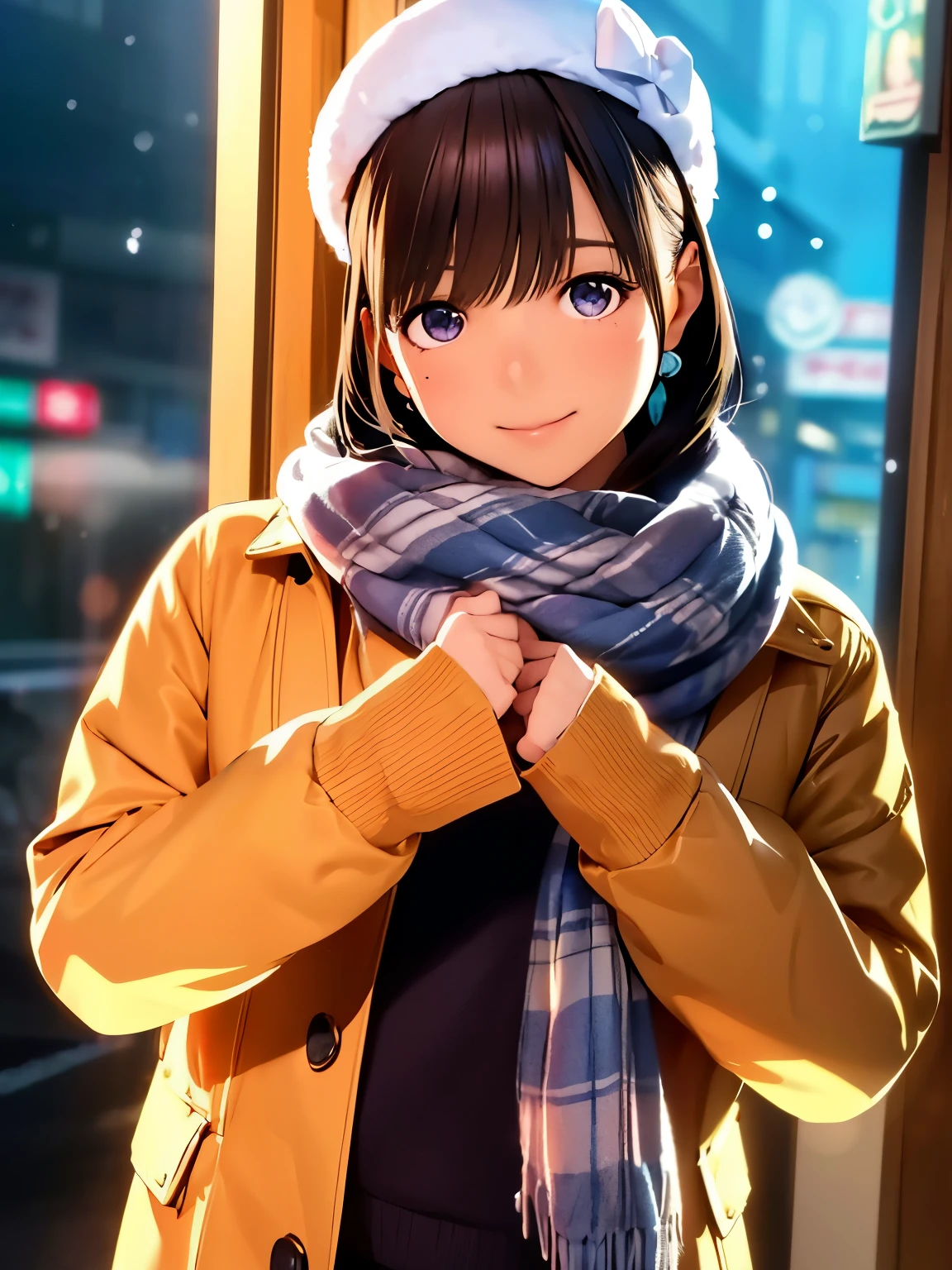 High resolution,8K,best quality,detailed,semi-realistic anime,Anime 3D Style,Smooth Anime CG,1peopleの***,20 year old Japanese woman,slim,model,shiny chestnut hair,medium hair,detailedに書かれた顔,綺麗でdetailedな瞳,glowing skin,(cook coat,Layering,winterの服,hat),beautiful earrings,((winter,cold morning in february,Valentine,snowfall,It&#39;s snowing)),(street:0.8), (people, large crowd:1),hard focus particles,soft lighting,look at the audience,A sloppy smile