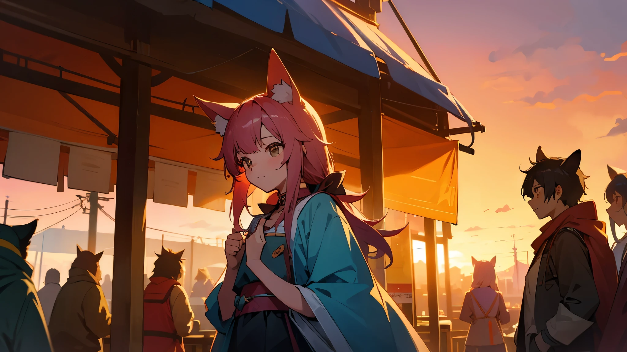 a magic market,sunset,peoples with animal ears