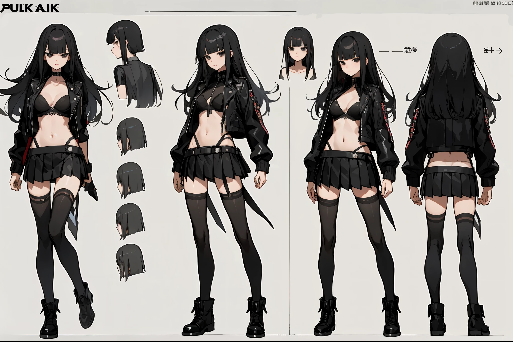 (character design sheet, same character, standing,front, side, back、three quarter view), high quality anime,Perfect Anatomy,28 year old beauty、black hair,long hair,blunt bangs,black eyes,slender body, 小さい頭、ideal ratio body proportions:1.2,medium breasts,punk rock fashion、black leather jacket、black bra、Navel is visible、Black miniskirt、pleated skirt、thigh_gap, black_thighhighs,白色無地の背景、